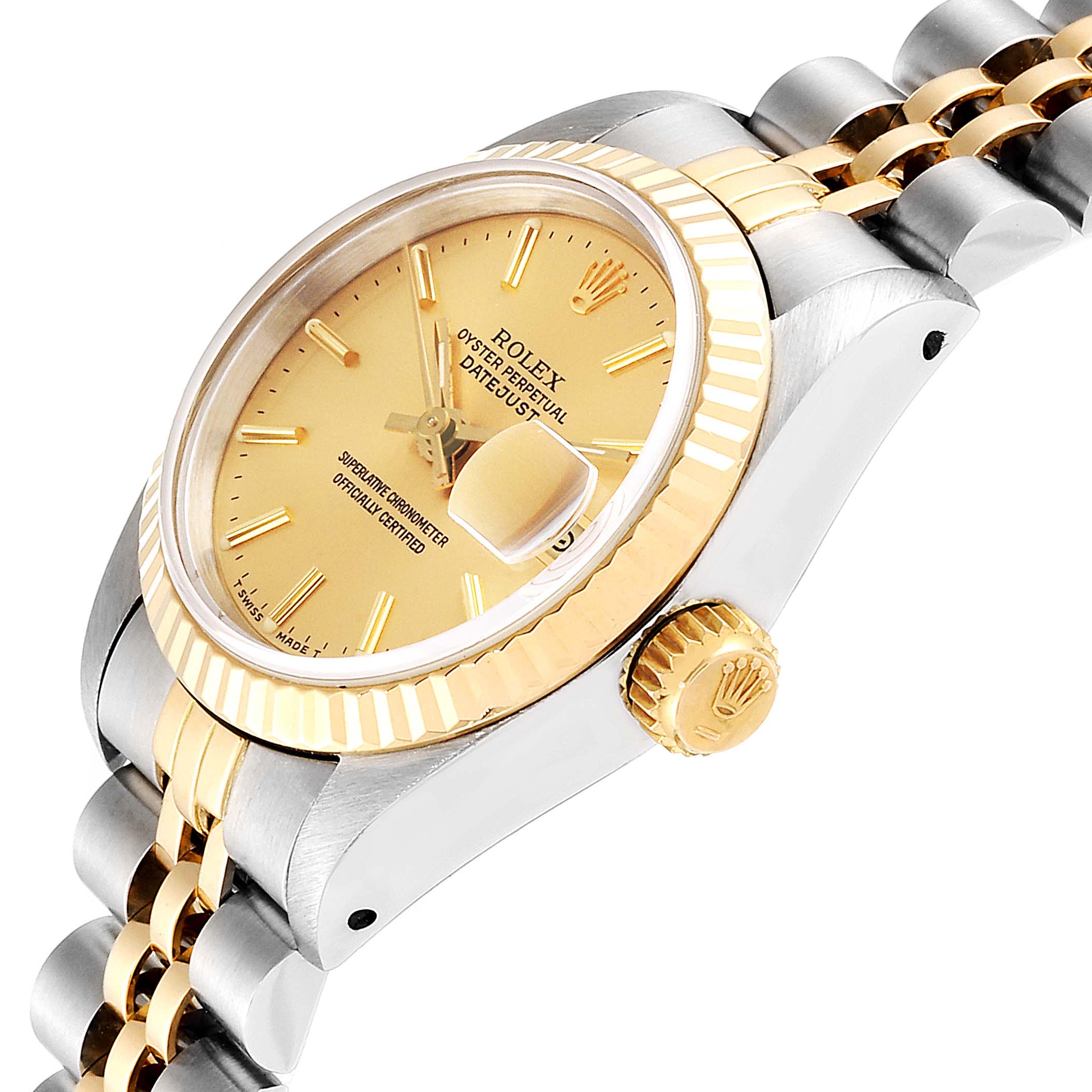 The Rolex Datejust 69173 Women's Steel and Gold (two tone) Champagne Dial 69173 Women's Steel and Gold (two tone) Champagne Dial watch is shown at an angle highlighting its face, bezel, crown, and part of the bracelet.