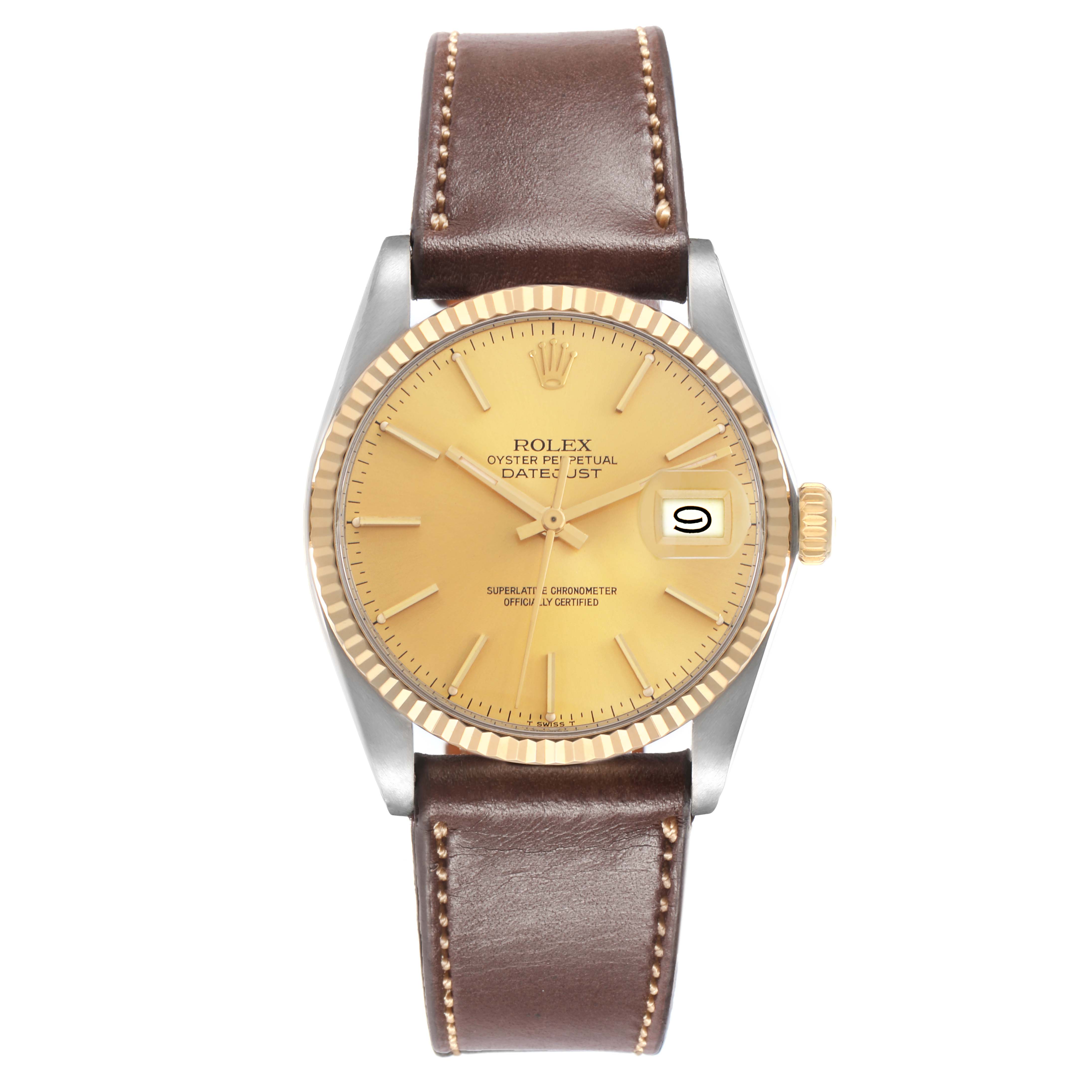 This Rolex Datejust 1601 men
s watch is shown from a top-down angle, featuring the dial, fluted bezel, brown leather strap, and crown.