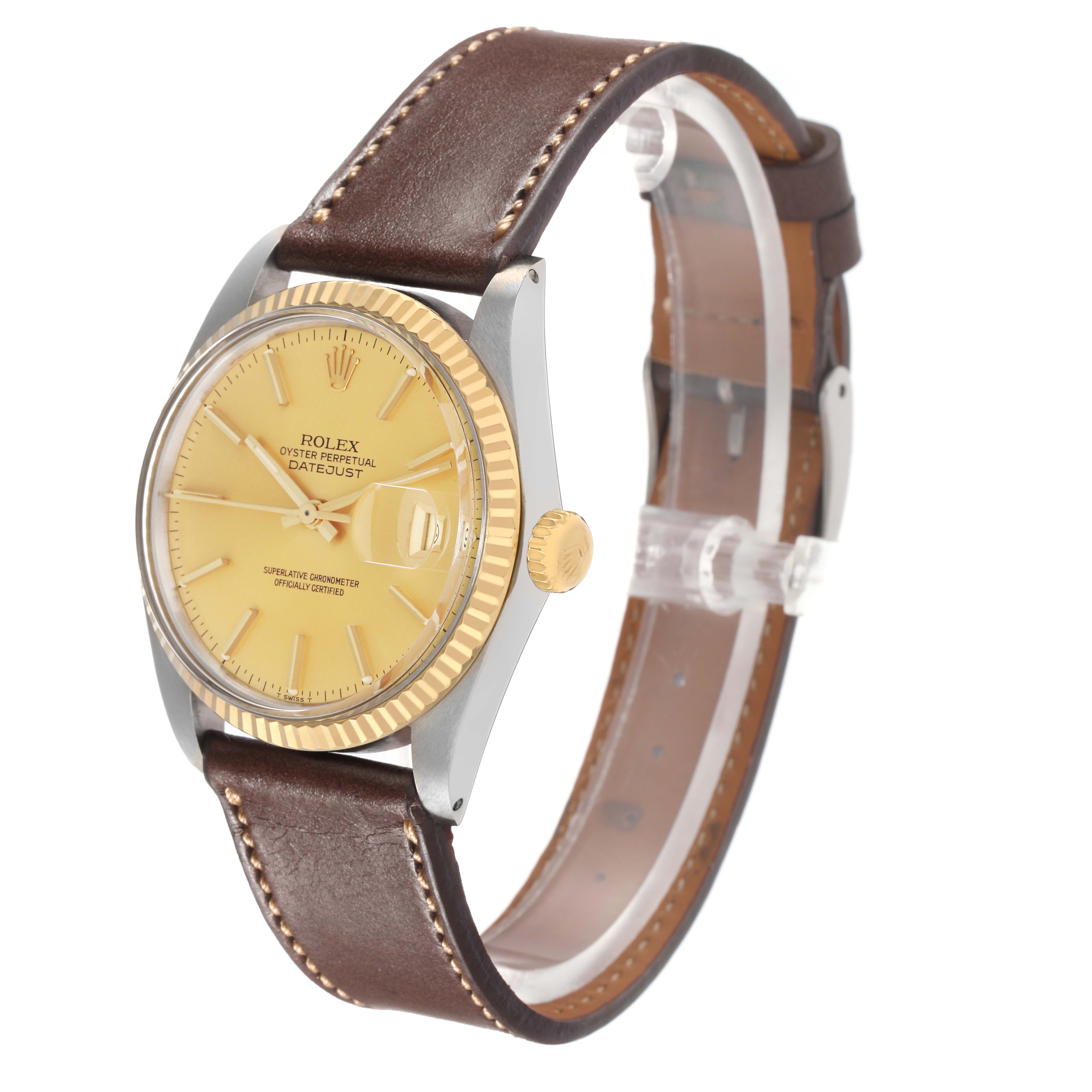 The Rolex Datejust model 1601 men
s watch is shown at an angled side view, highlighting its dial, bezel, crown, and leather strap.