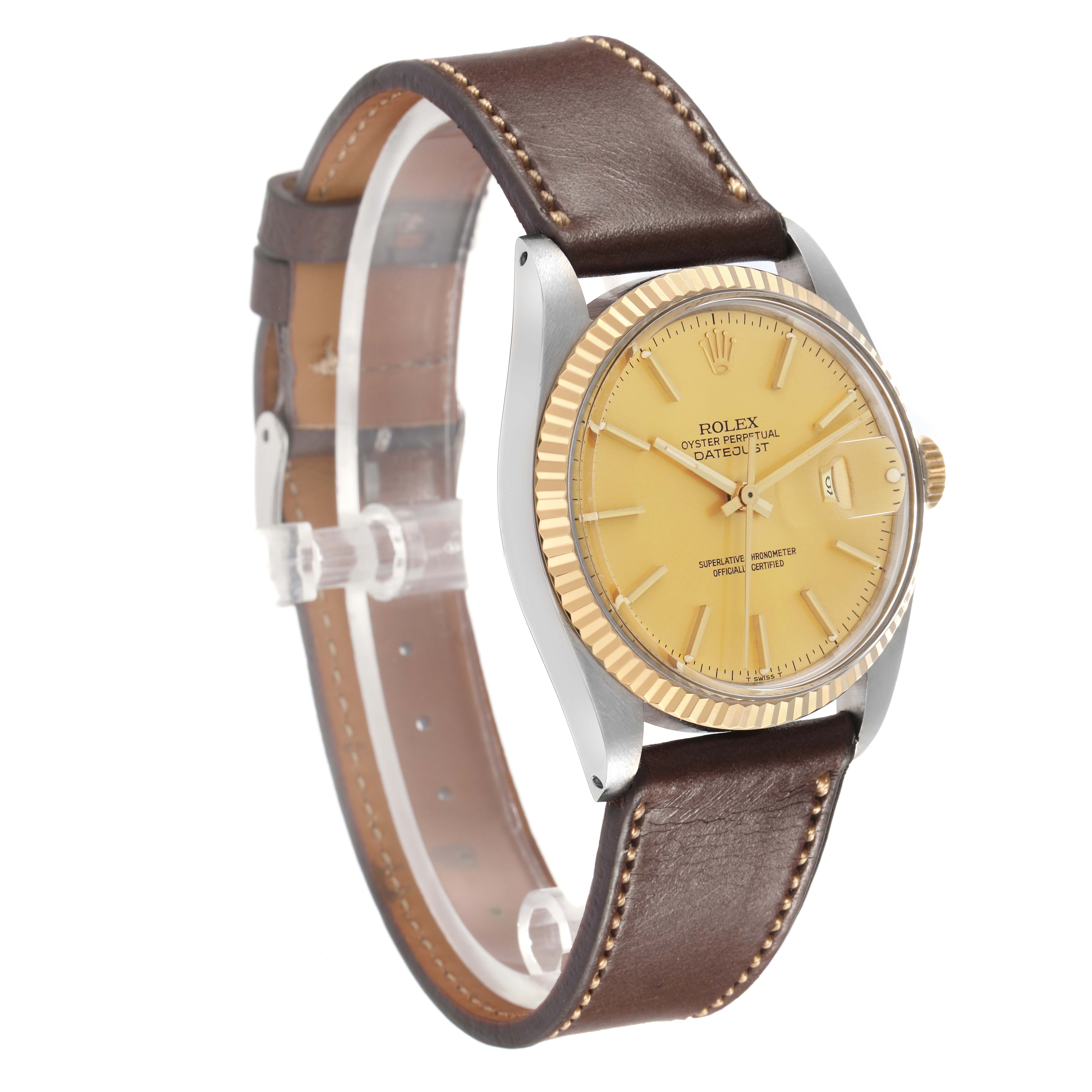 The Rolex Datejust model 1601 men
s watch is shown at a three-quarter angle, highlighting its fluted bezel, gold dial, and brown leather strap.