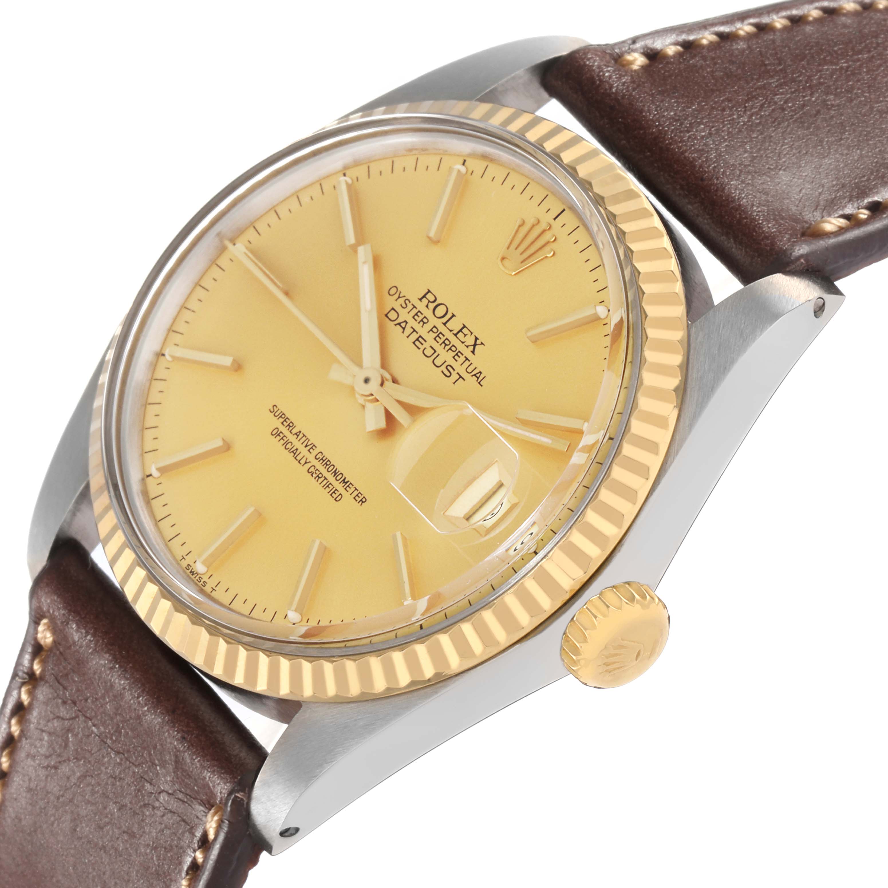 The Rolex Datejust 1601 men
s watch is shown at an angle highlighting the dial, bezel, crown, and part of the leather strap.