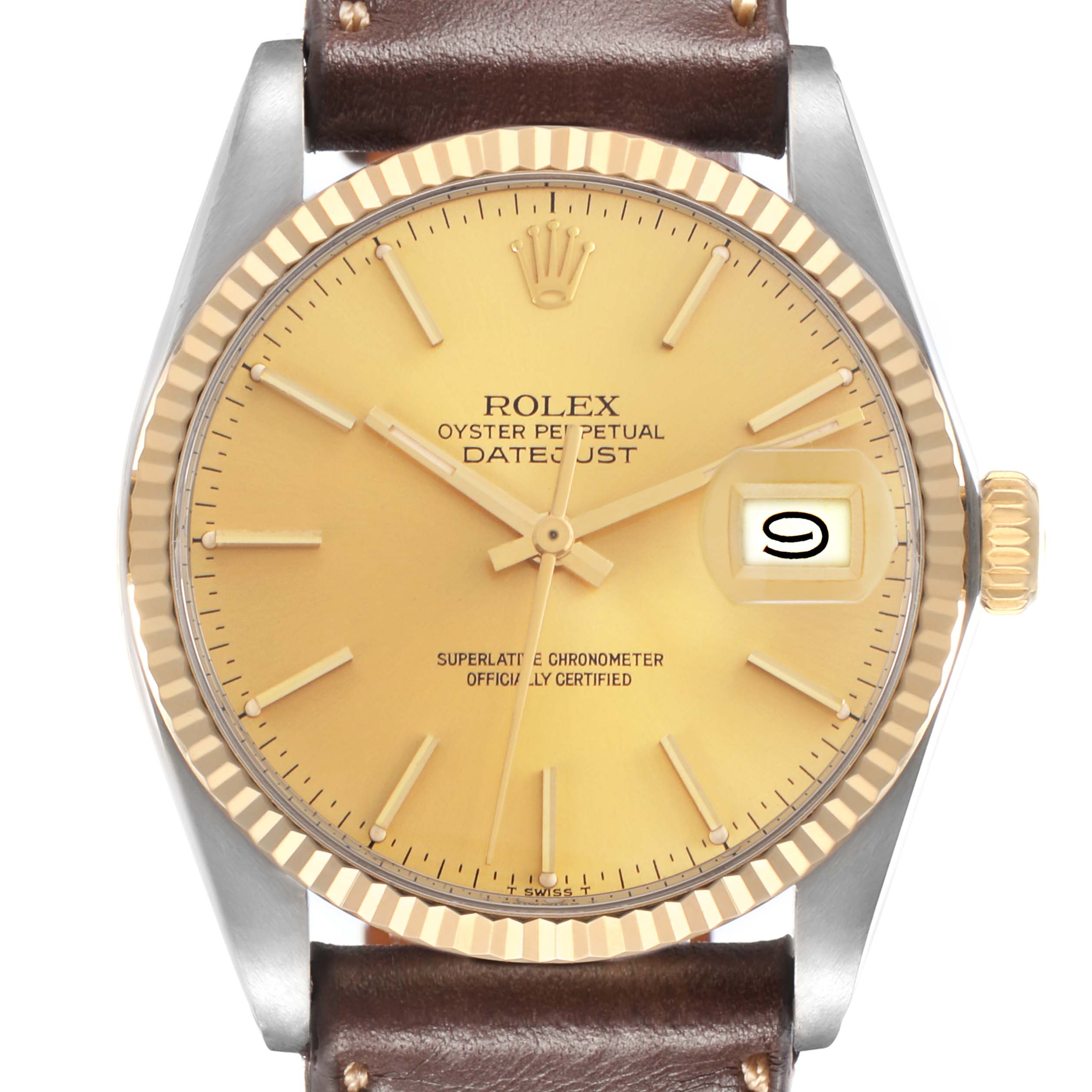 The Rolex Datejust model 1601 is shown from a front angle, highlighting the gold dial, fluted bezel, and brown leather strap.