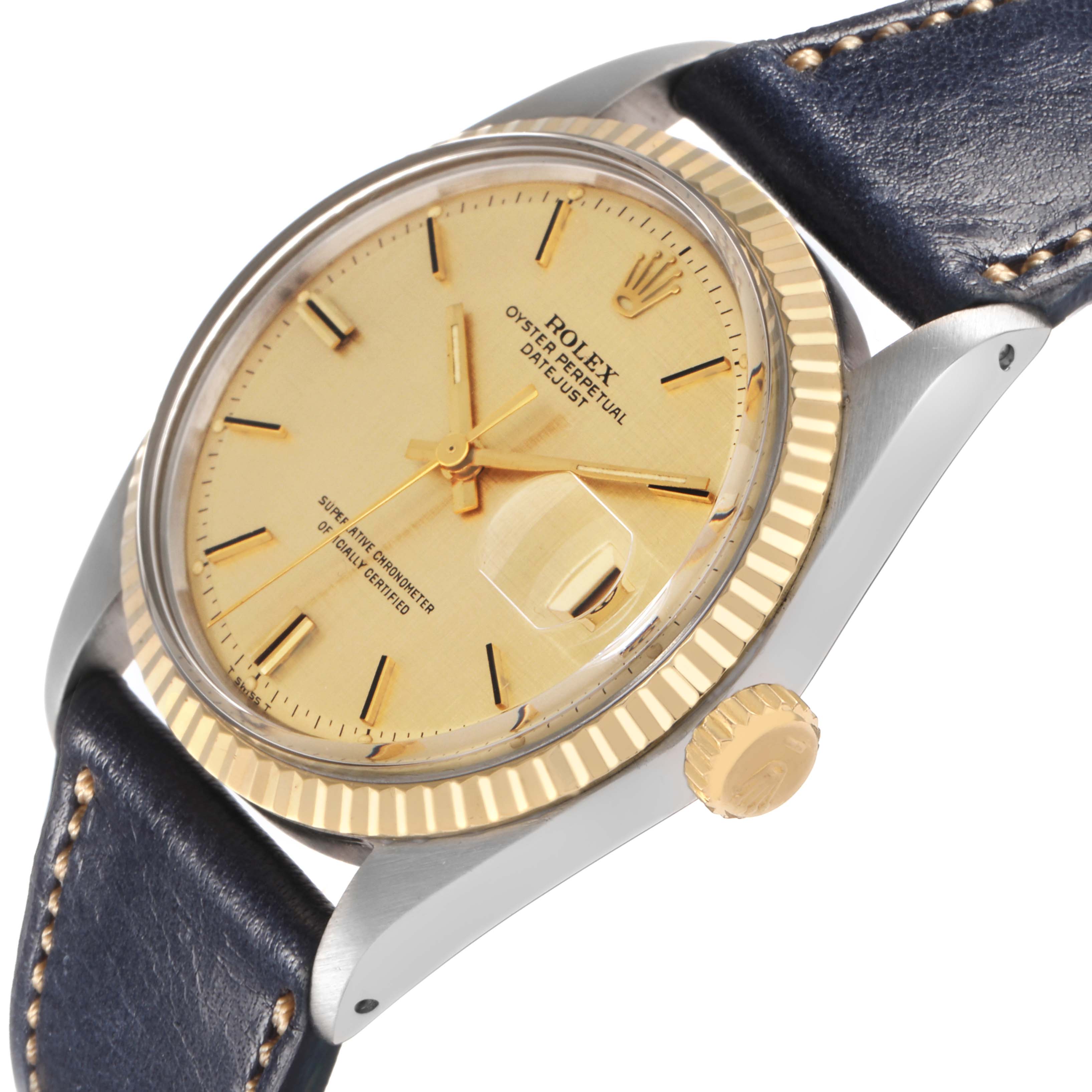 The Rolex Vintage Collection 1601 Men
s Steel and Gold (two tone) Yellow Dial watch is shown at an oblique angle, highlighting the dial, bezel, crown, and part of the leather strap.