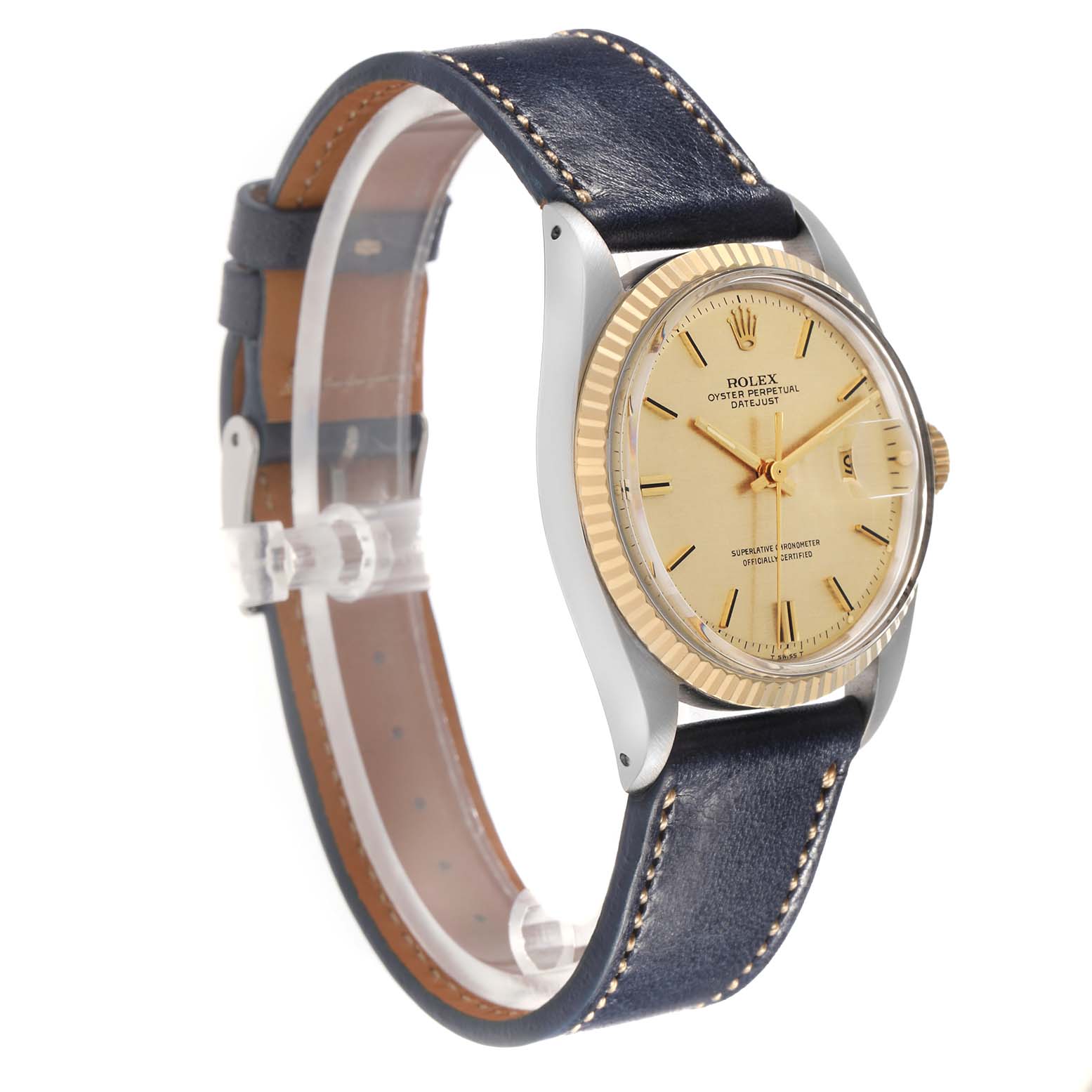 The Rolex Vintage Collection 1601 Men
s Steel and Gold (two tone) Yellow Dial watch is shown at a slight angle, featuring the face, bezel, and leather strap.