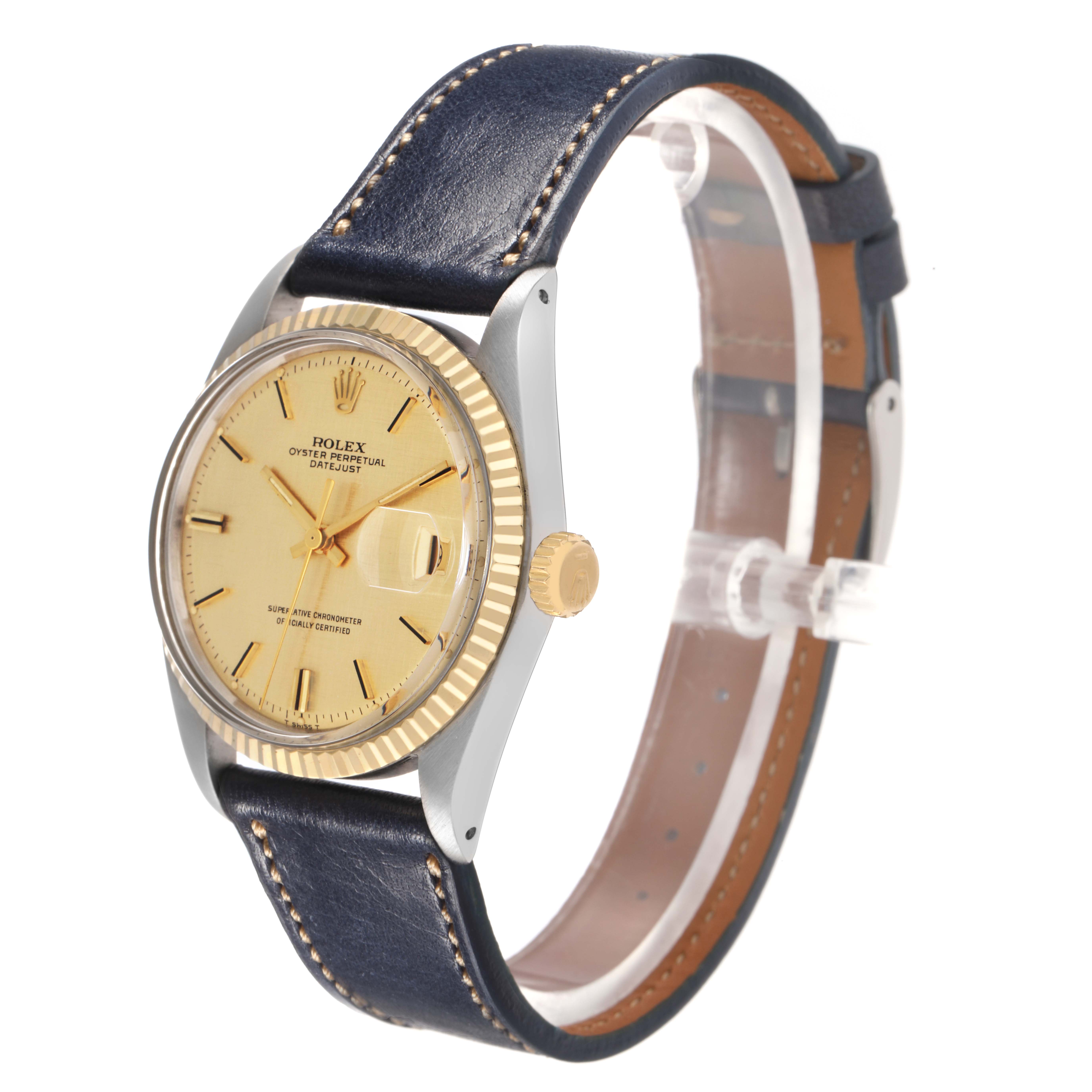 The Rolex Vintage Collection 1601 Men
s Steel and Gold (two tone) Yellow Dial watch is shown at a three-quarter angle, highlighting the dial, bezel, crown, and leather strap.