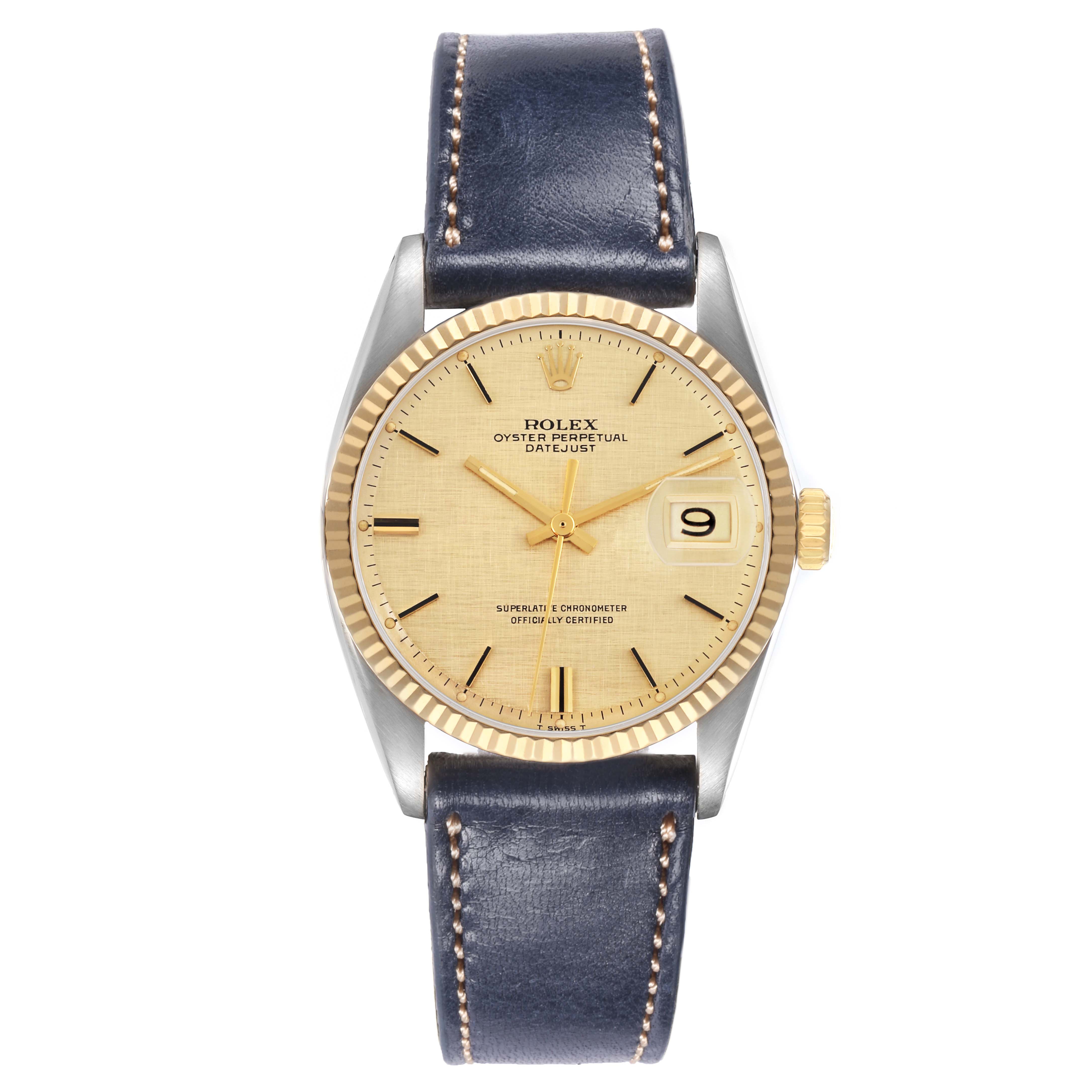The Rolex Vintage Collection 1601 Men
s Steel and Gold (two tone) Yellow Dial watch is shown from a front angle, displaying the dial, bezel, and leather strap.