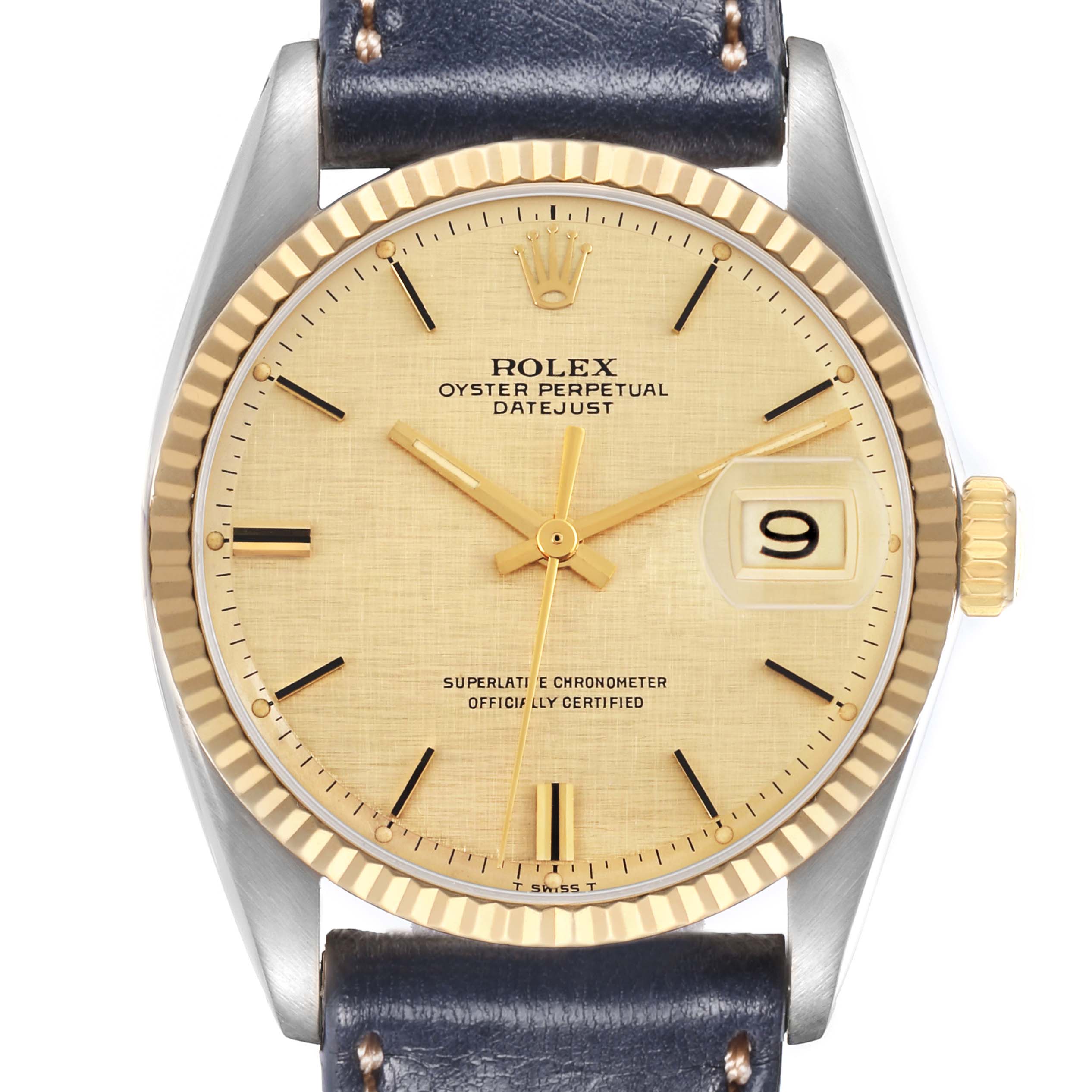 The Rolex Vintage Collection 1601 Men
s Steel and Gold (two tone) Yellow Dial model is shown from the front, highlighting the dial, bezel, crown, and leather strap.