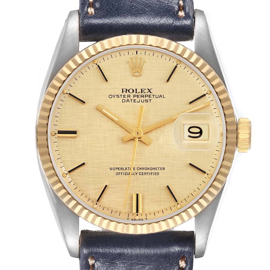 The image shows a frontal view of the Rolex Datejust model 16013 with a gold fluted bezel, cream dial, and leather strap.