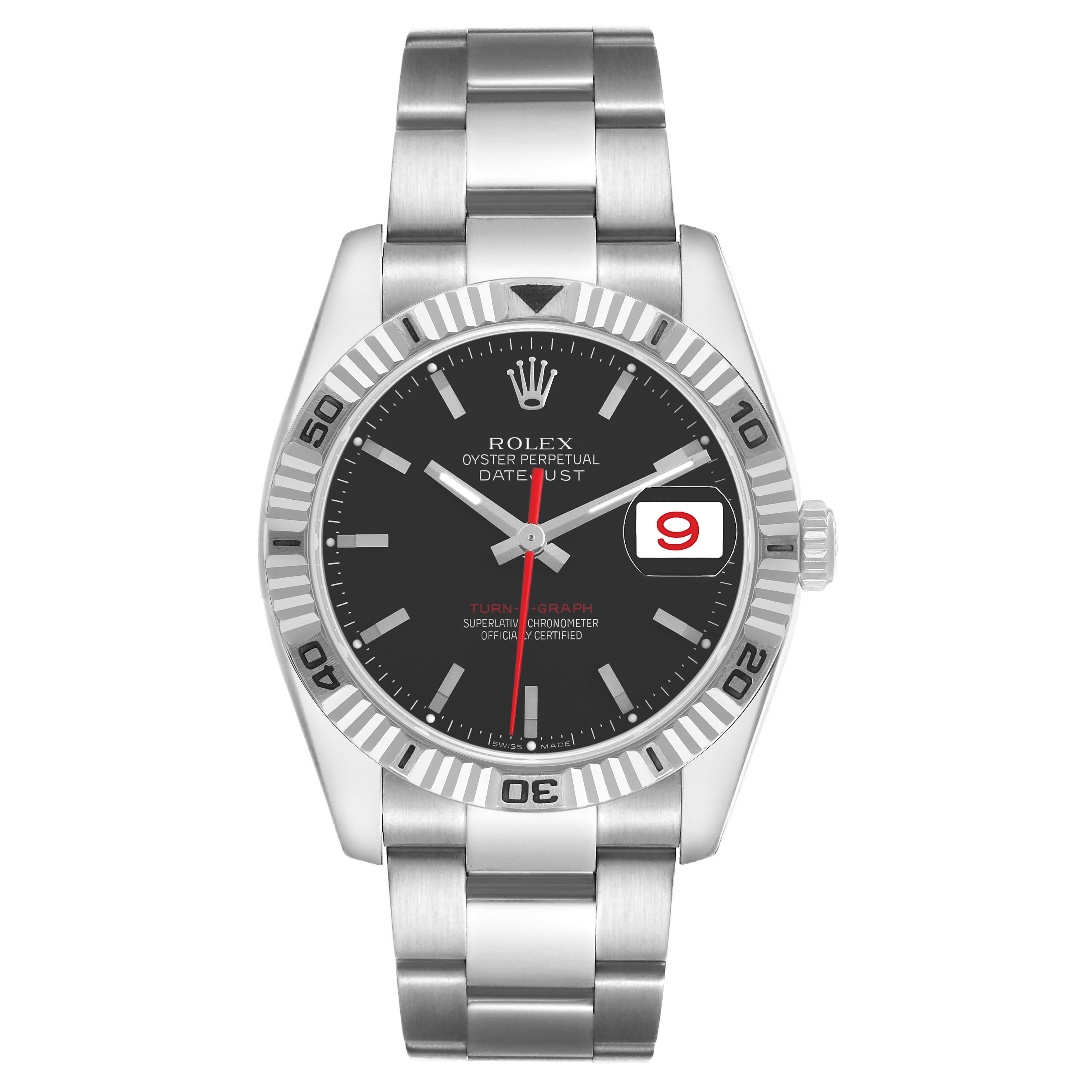 The Rolex Datejust 116264 Men's Stainless Steel Black Dial watch is shown from the front, highlighting the dial, bezel, and bracelet.