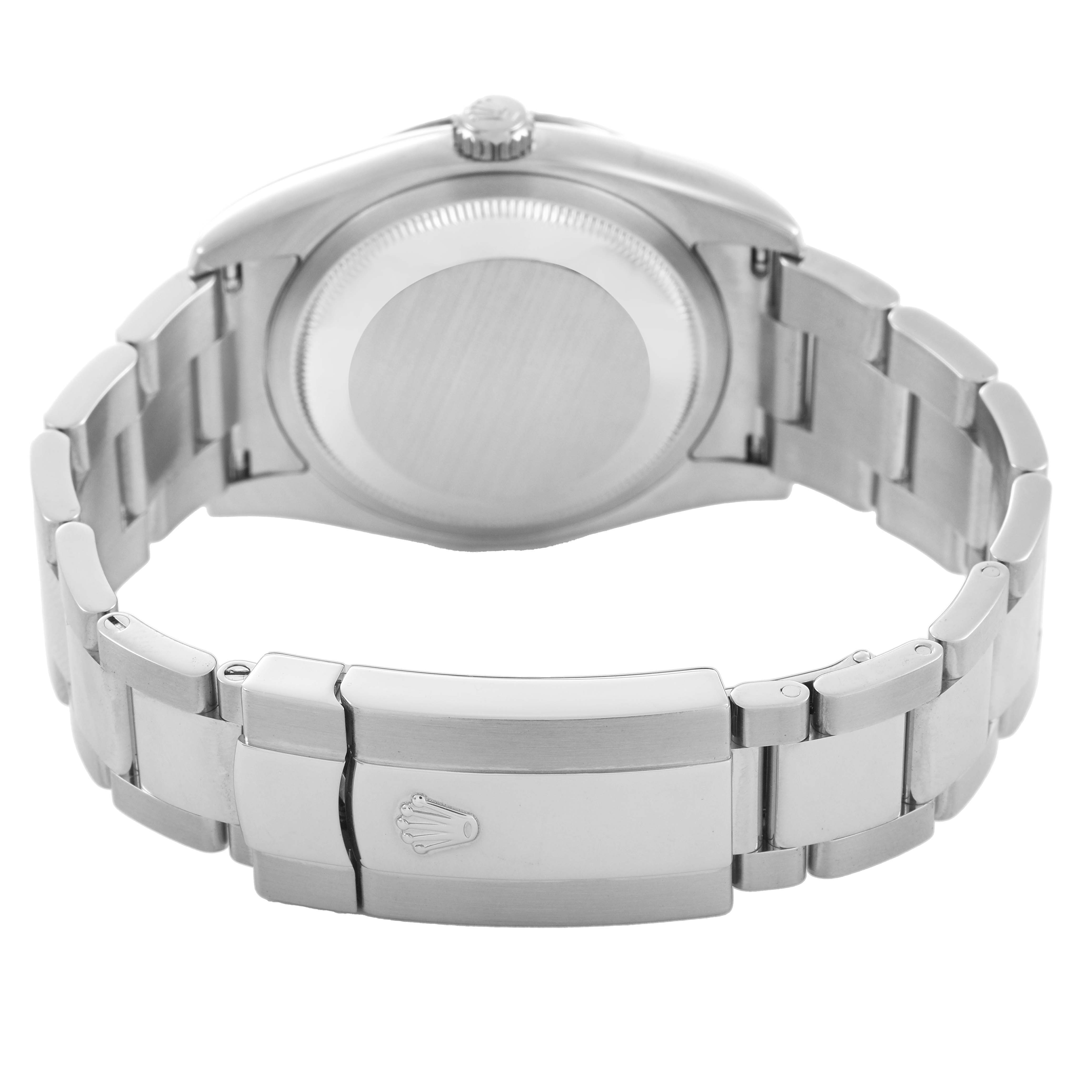 The image shows the back view of a Rolex Datejust 116264 Men's Stainless Steel Black Dial watch, highlighting the bracelet and clasp with the logo.