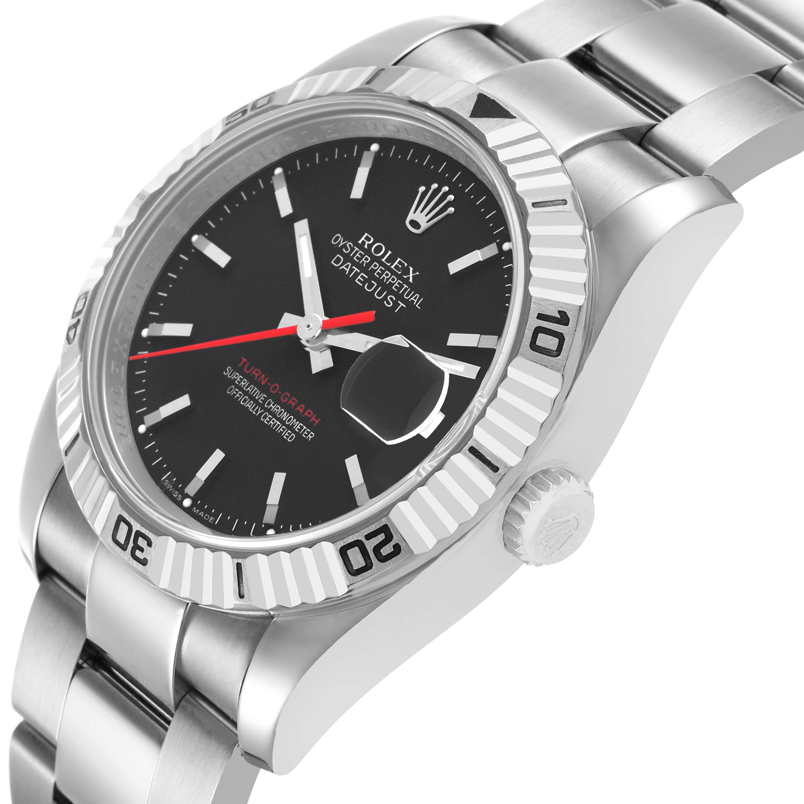 The Rolex Datejust 116264 Men's Stainless Steel Black Dial watch is shown at a three-quarter angle displaying the bezel, dial, bracelet, and crown.