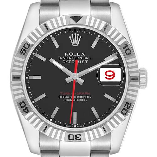 The Rolex Datejust 116264 Men's Stainless Steel Black Dial watch is shown from a front view, featuring the dial, bezel, hands, and part of the bracelet.