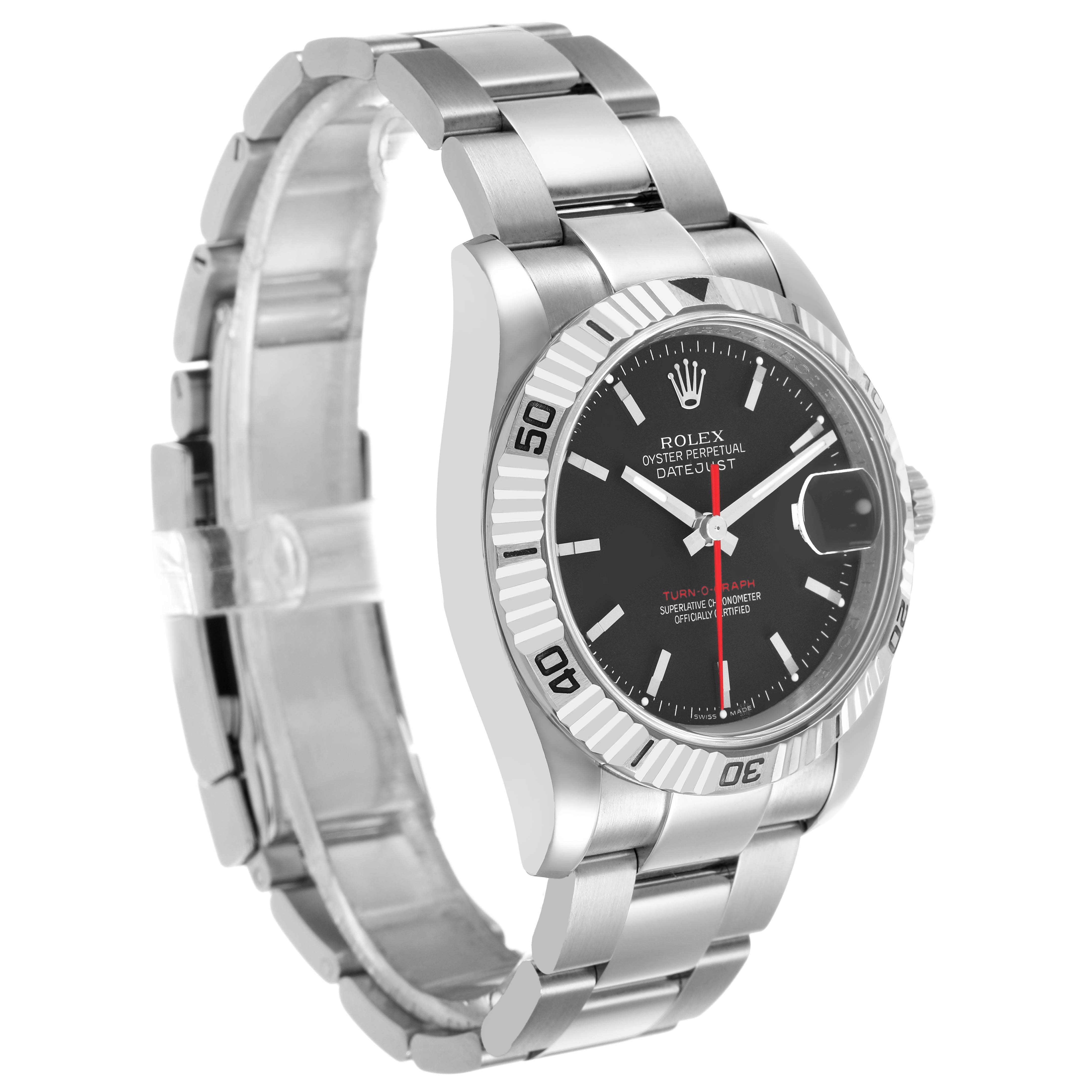 The Rolex Datejust 116264 Men's Stainless Steel Black Dial watch is shown from an angled side view, highlighting the face, bezel, and bracelet.