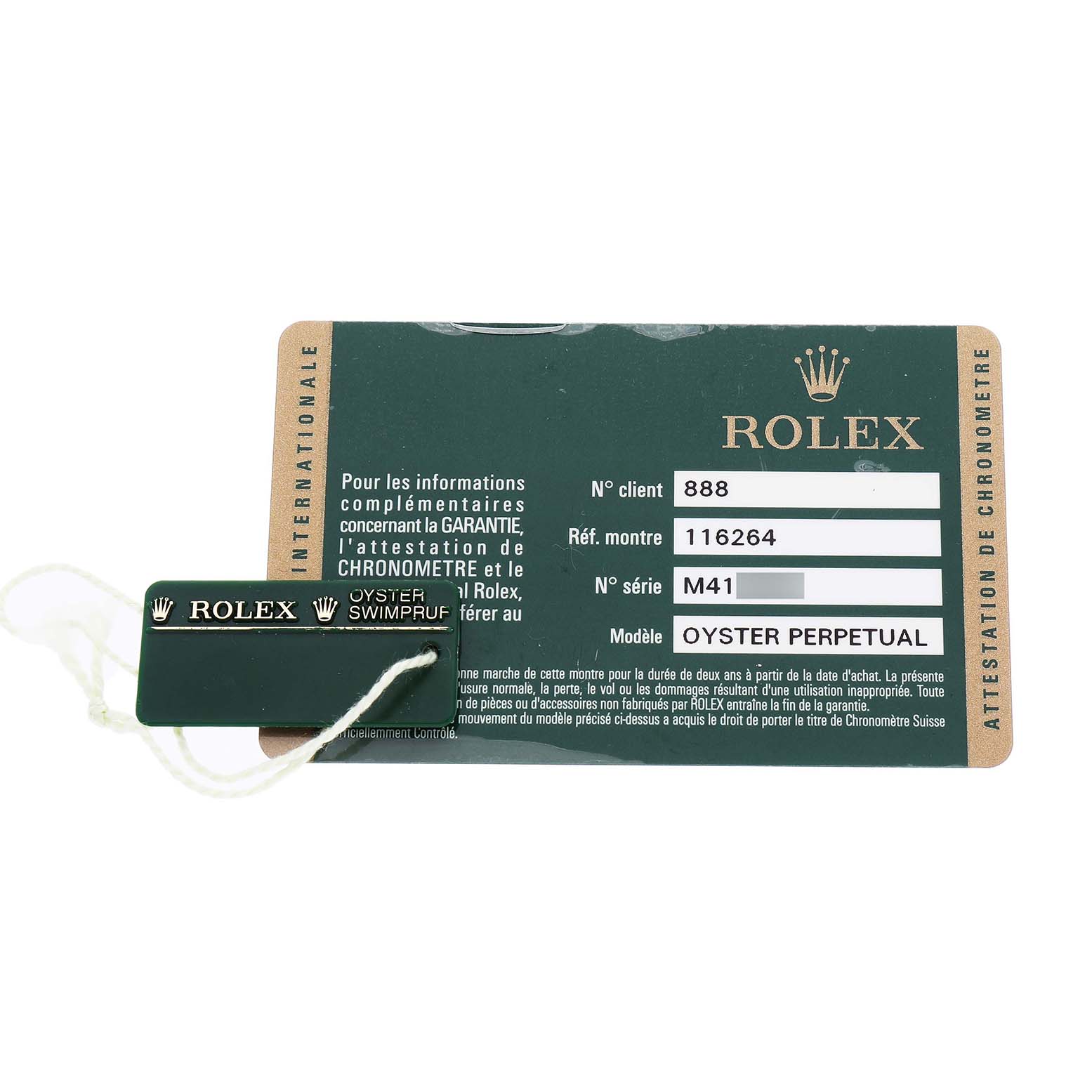 The image shows a Rolex Datejust 116264 Men's Stainless Steel Black Dial model's warranty card and tag, viewed from above.