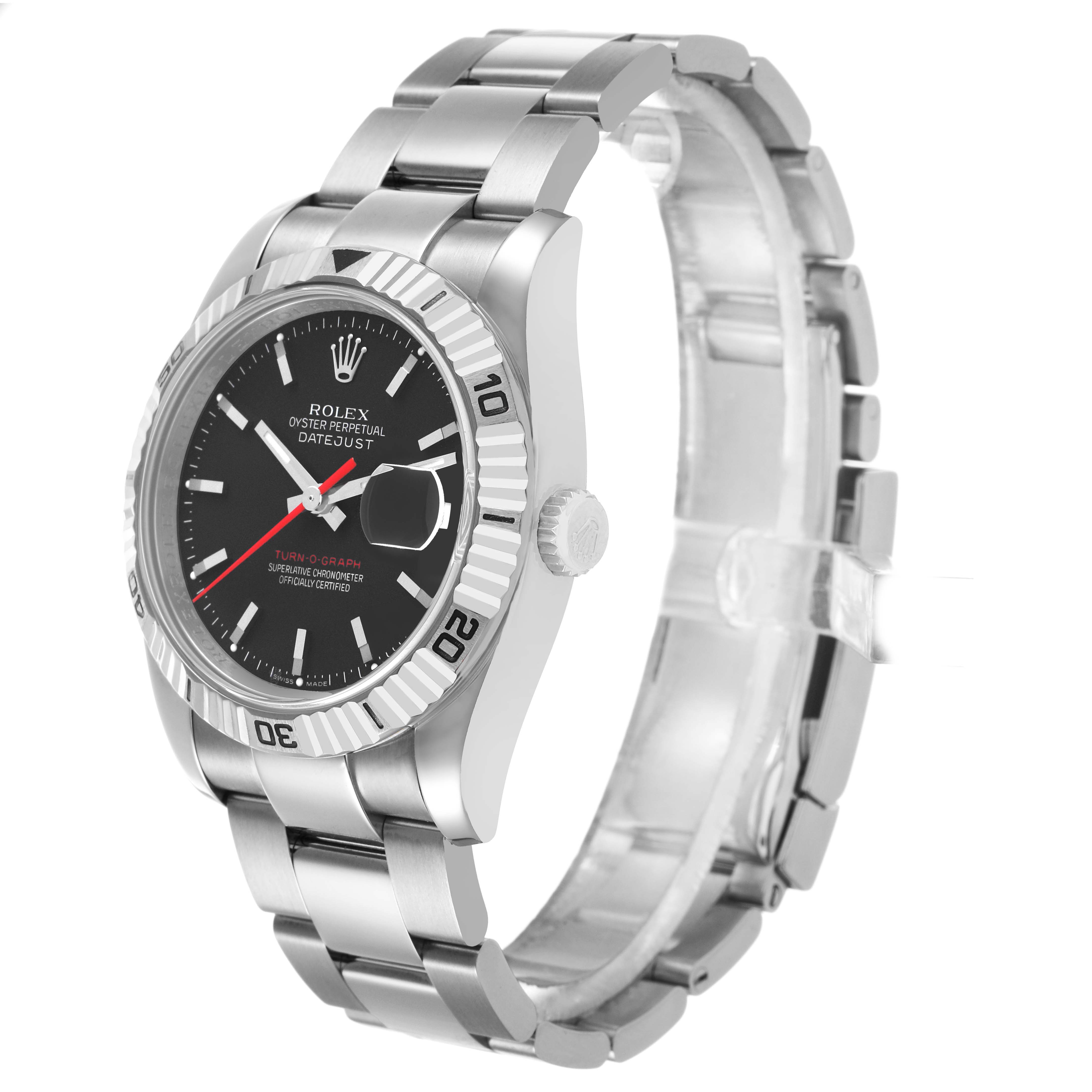 The Rolex Datejust 116264 Men's Stainless Steel Black Dial watch is shown at a three-quarter angle, displaying the face, bezel, crown, and bracelet.