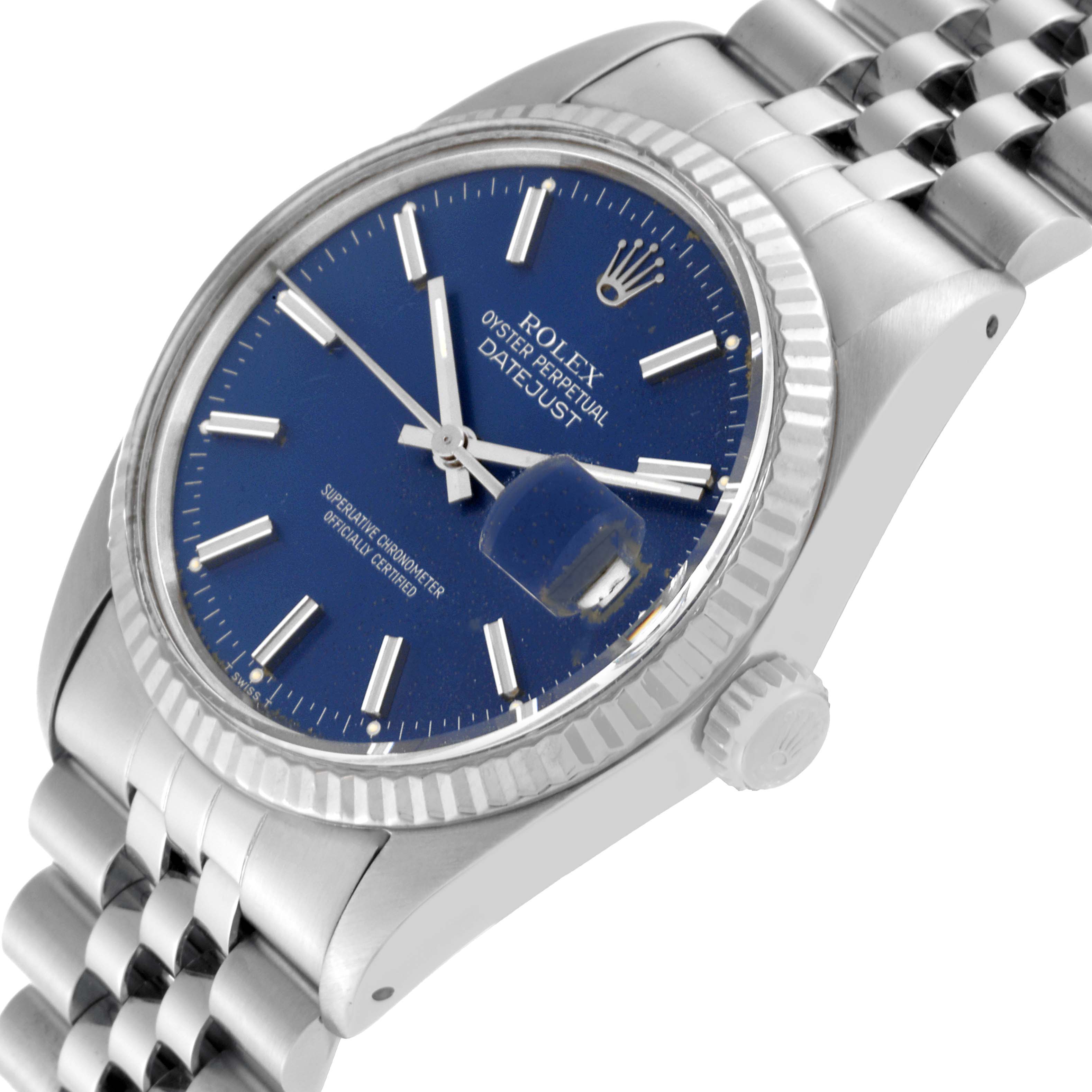 The image shows a side angle of the Rolex Vintage Collection 16014 Men's Stainless Steel Blue Dial 16014 Men's Stainless Steel Blue Dial Datejust, highlighting the blue dial, bracelet, and crown.