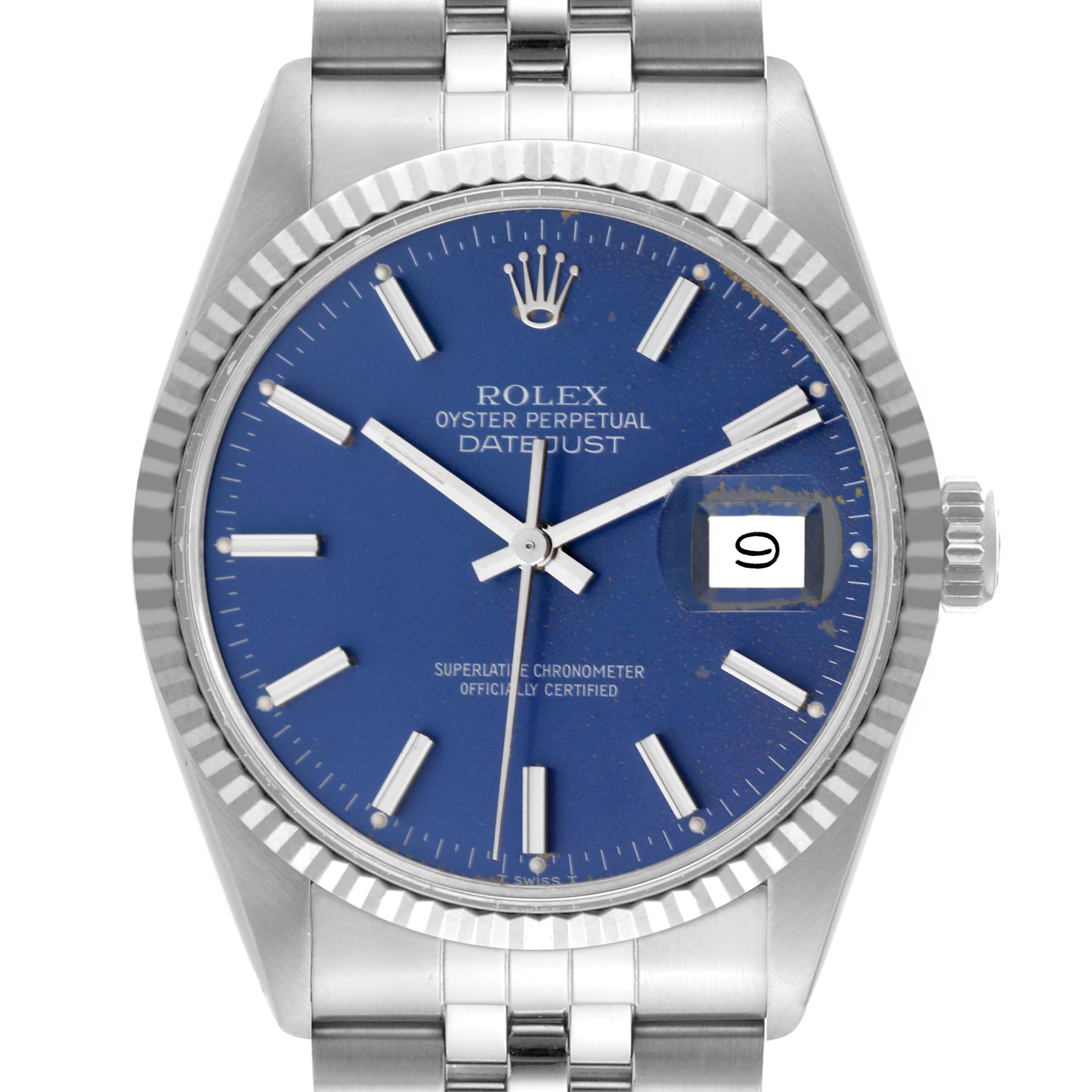 The image shows the front view of the Rolex Vintage Collection 16014 Men's Stainless Steel Blue Dial 16014 Men's Stainless Steel Blue Dial model, highlighting its blue dial, date window, and stainless steel bracelet.