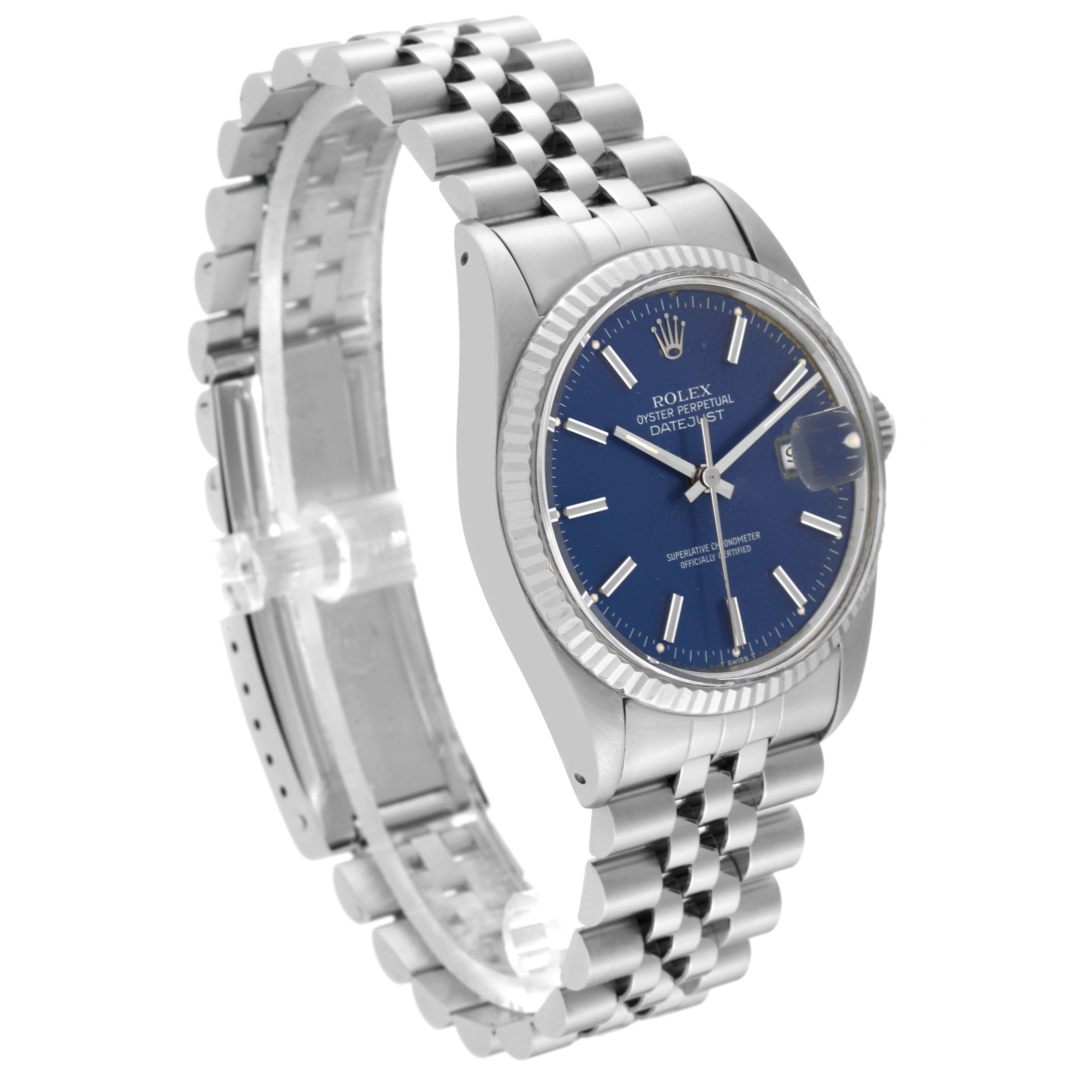 The Rolex Vintage Collection 16014 Men's Stainless Steel Blue Dial 16014 Men's Stainless Steel Blue Dial model watch is shown at a side angle, highlighting the face, bezel, and bracelet.