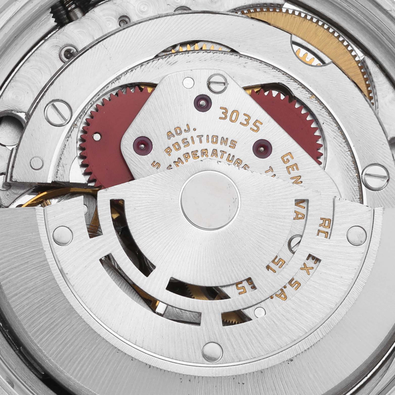 This image shows the Rolex Vintage Collection 16014 Men's Stainless Steel Blue Dial 16014 Men's Stainless Steel Blue Dial watch model 3035 movement mechanism with gears and inscriptions visible, angled from the back.