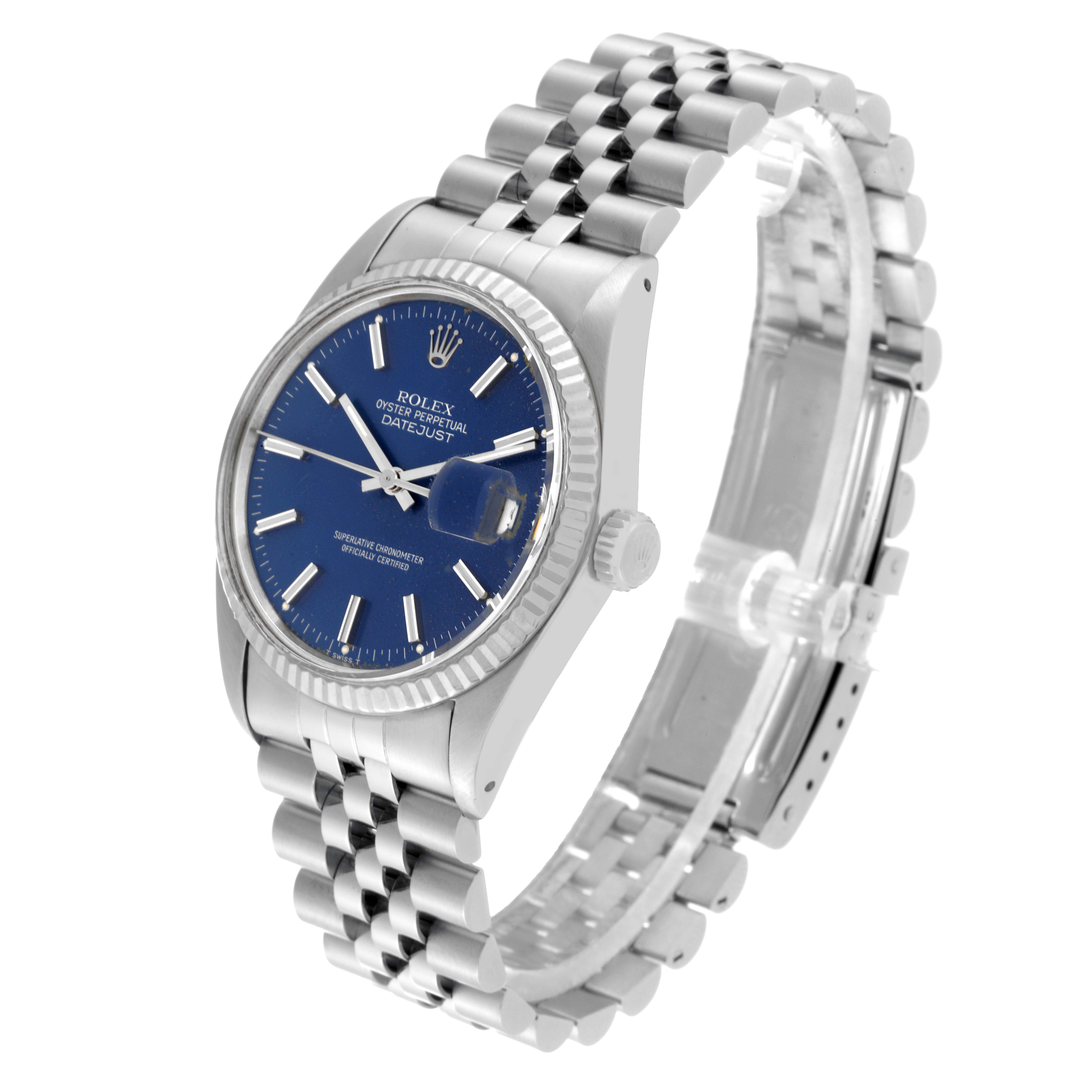 This image shows the Rolex Vintage Collection 16014 Men's Stainless Steel Blue Dial 16014 Men's Stainless Steel Blue Dial model from a slight angle, highlighting the blue dial, fluted bezel, and metal bracelet.