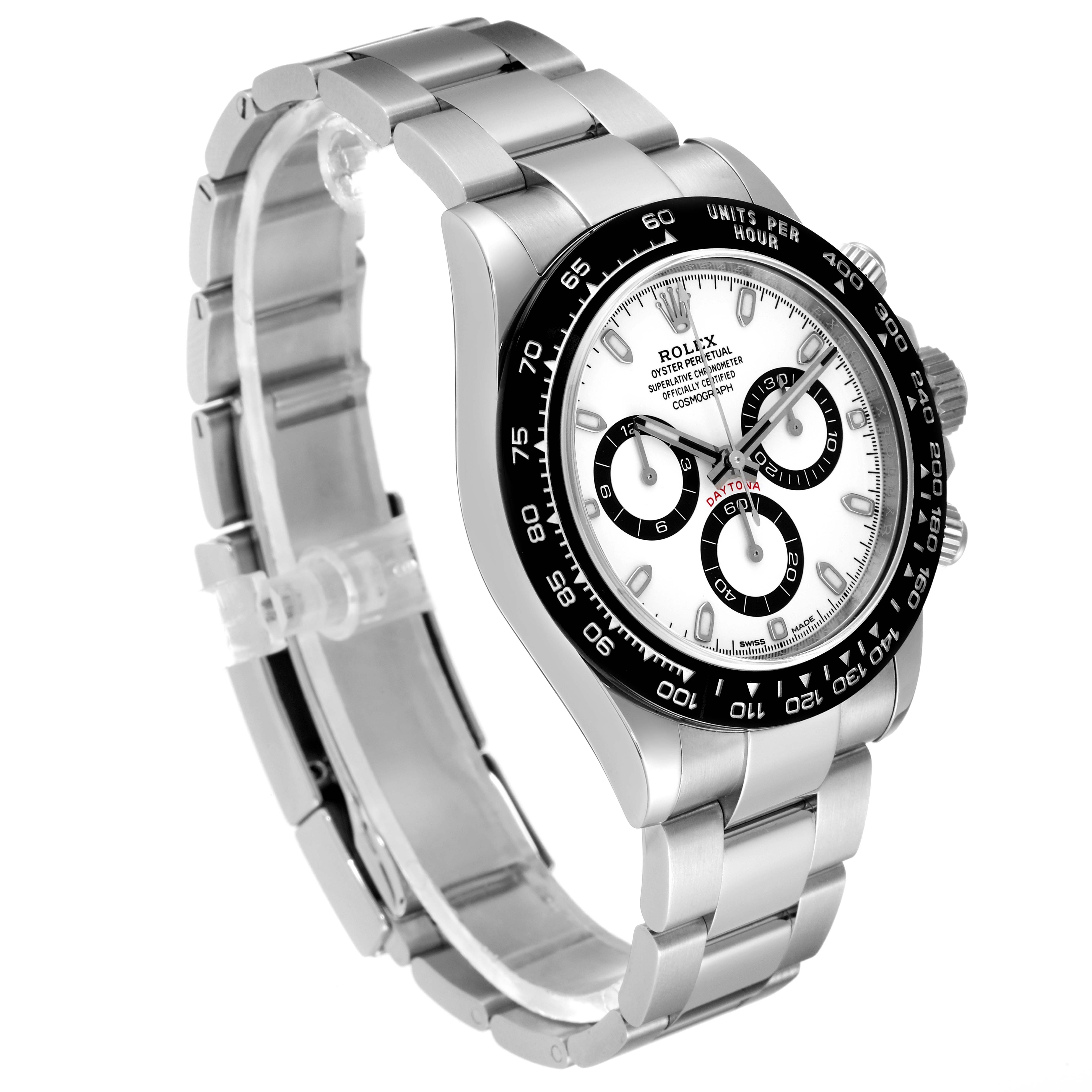 This image shows a side angle of the Rolex Daytona 116500 Men's Stainless Steel White Dial 116500 Men's Stainless Steel White Dial watch, highlighting the bezel, dial, and bracelet.