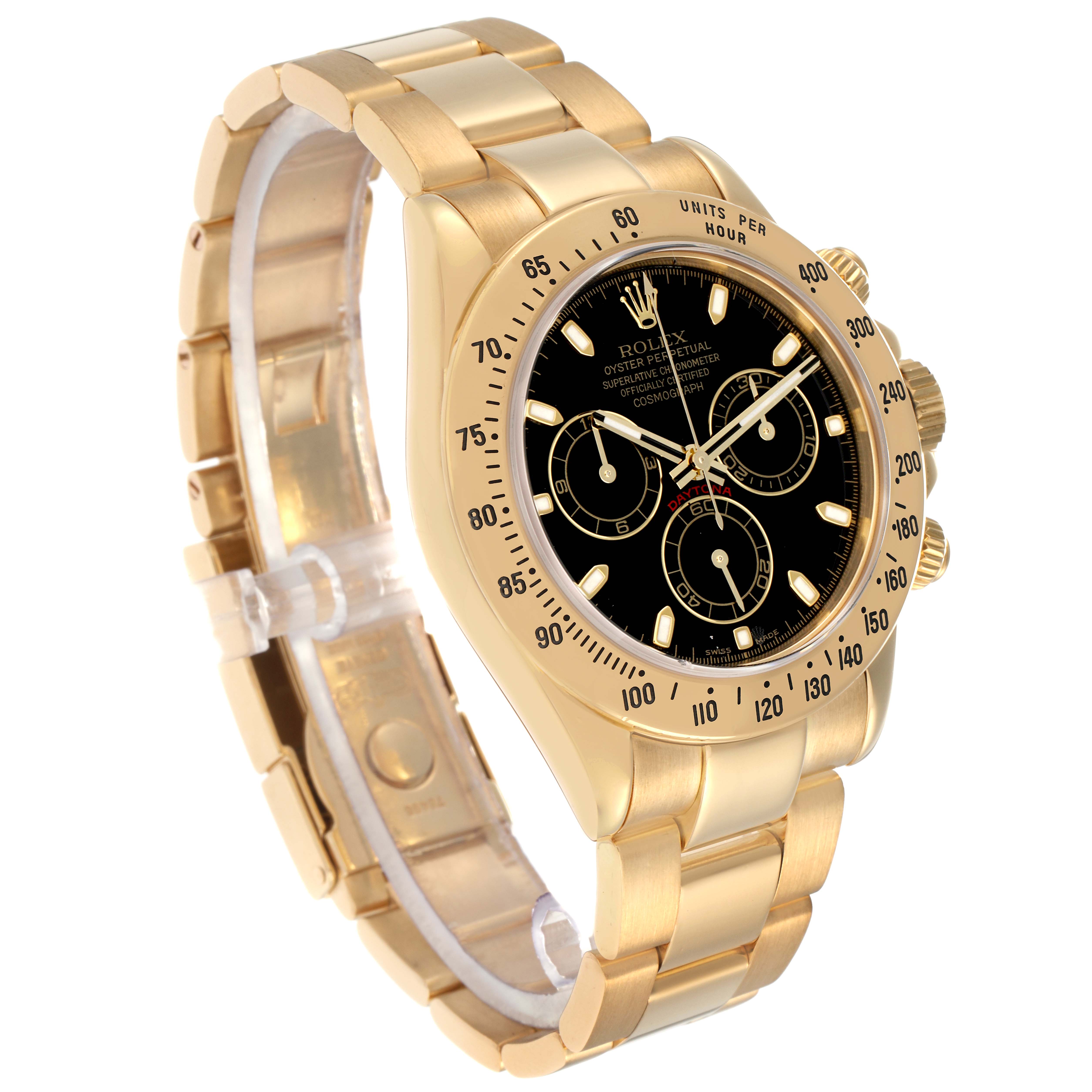 The Rolex Daytona model 116528 men
s watch is shown at a three-quarter angle, highlighting the gold bracelet, bezel, black dial, and side pushers.