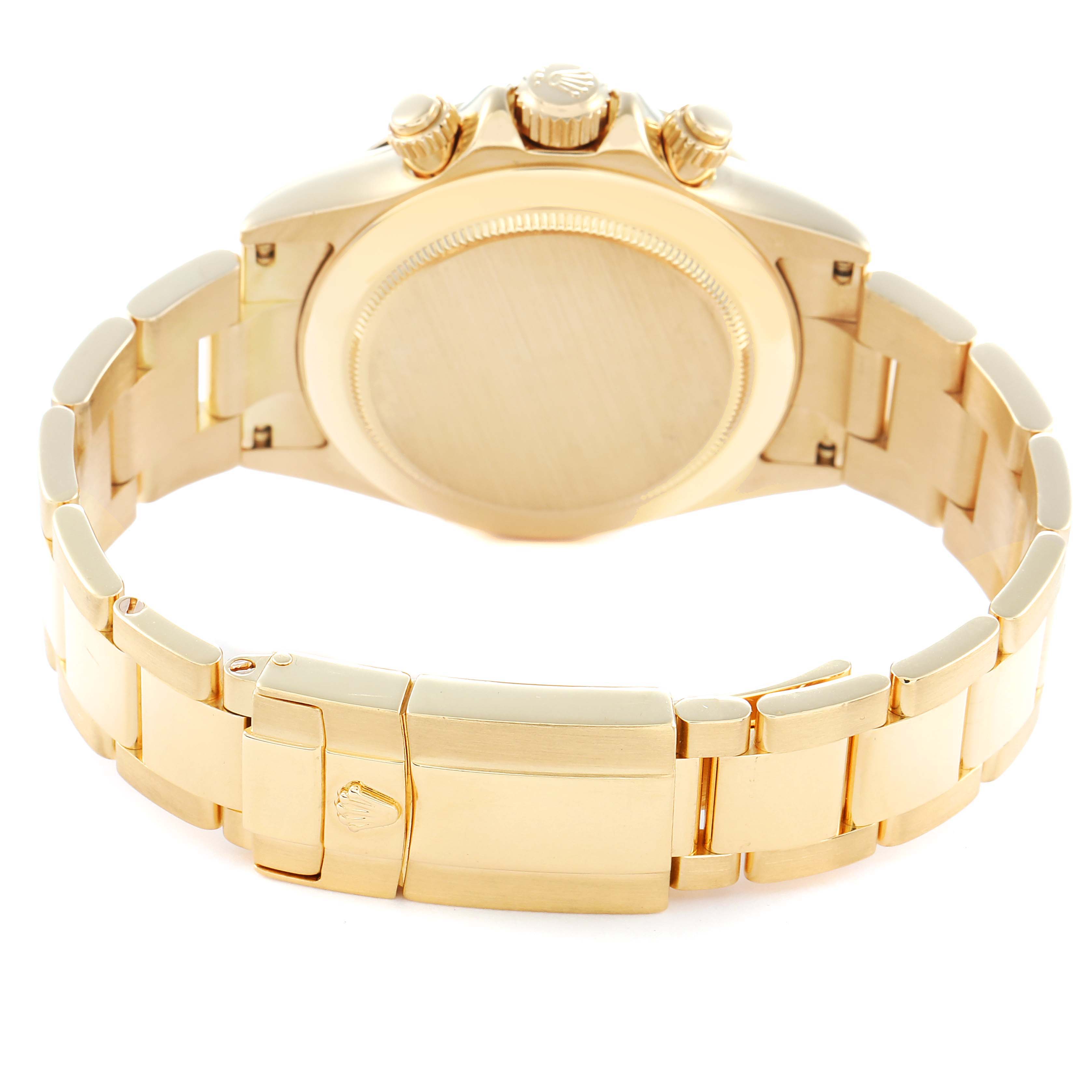 The image shows the back view of the Rolex Daytona model 116528 men
s watch, highlighting the clasp, bracelet, case back, and crown.