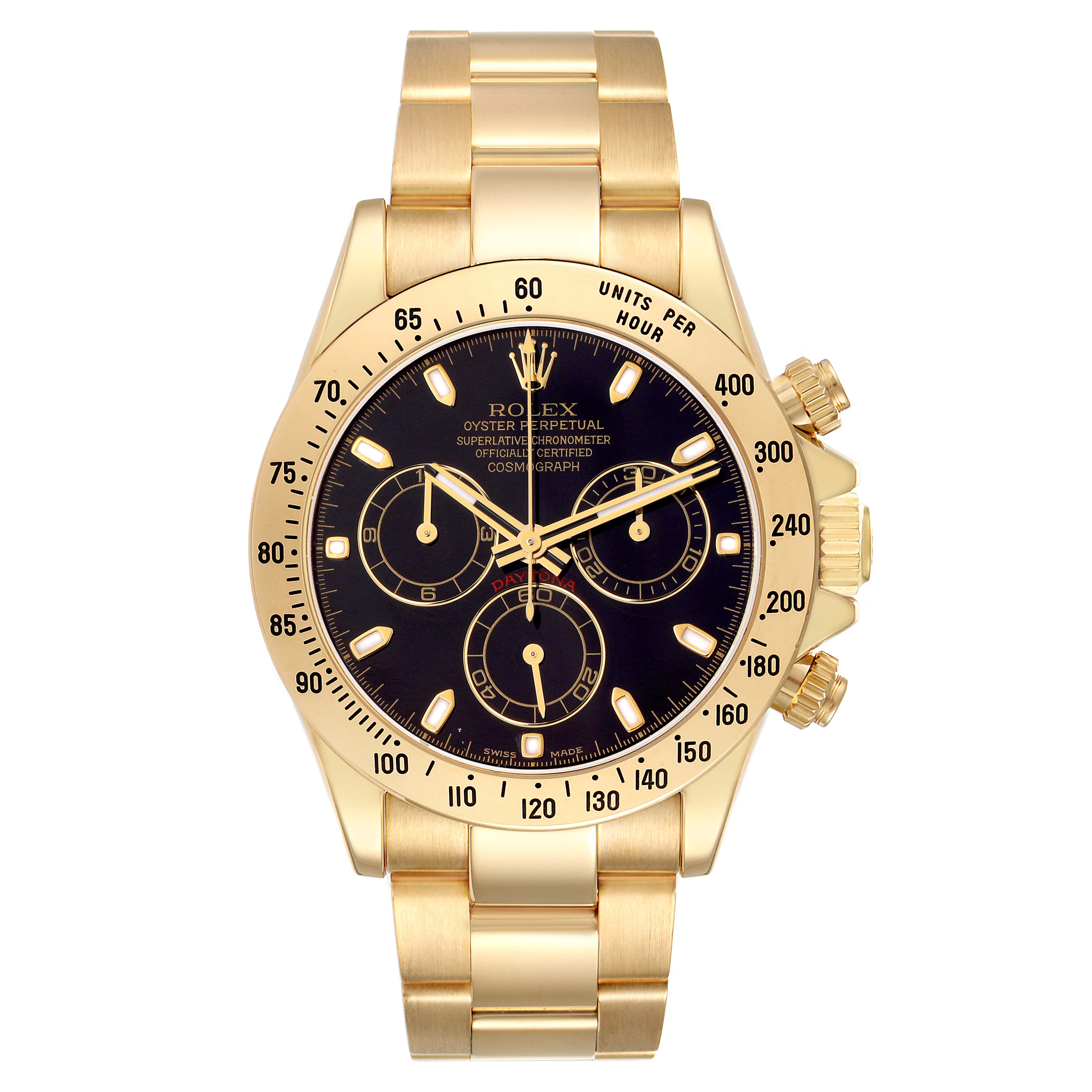 The Rolex Daytona model 116528 is shown from the front, displaying its gold case, black dial, subdials, and gold bracelet.