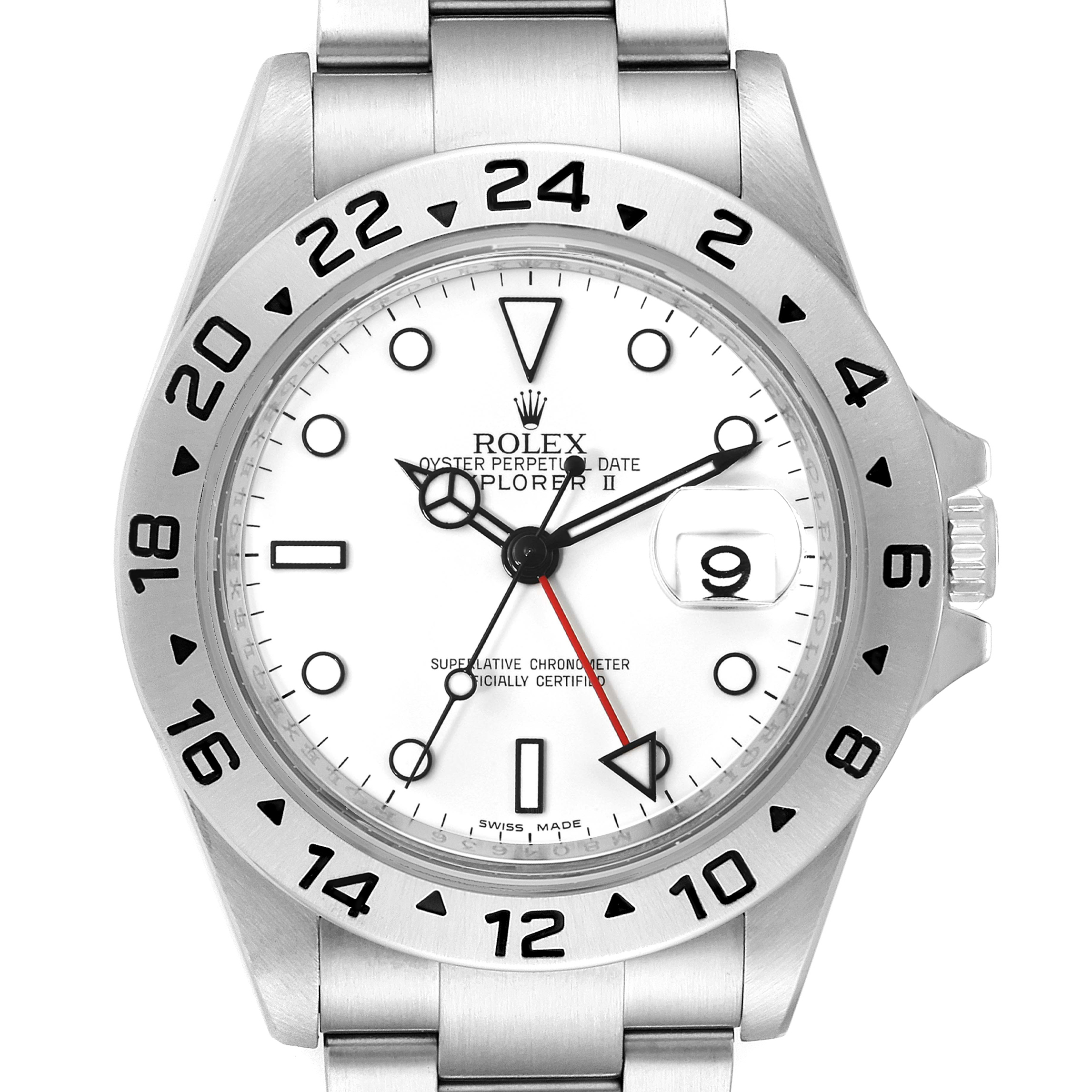 The image shows a front view of a Rolex Explorer 16570 Men's Stainless Steel White Dial 16570 Men's Stainless Steel White Dial watch, highlighting the dial, bezel, and bracelet.