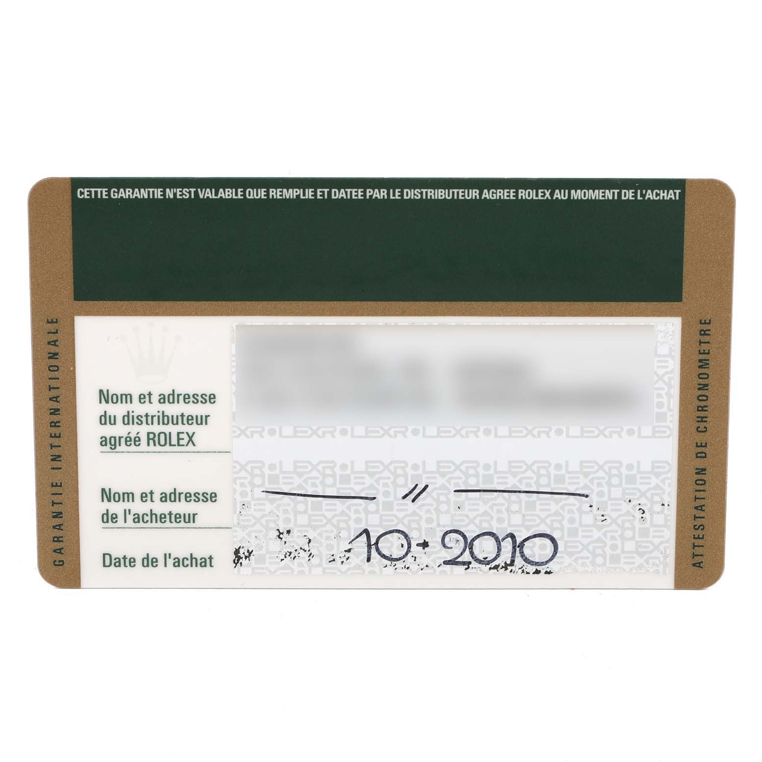 This image shows the international warranty card for a Rolex Explorer 16570 Men's Stainless Steel White Dial 16570 Men's Stainless Steel White Dial watch.