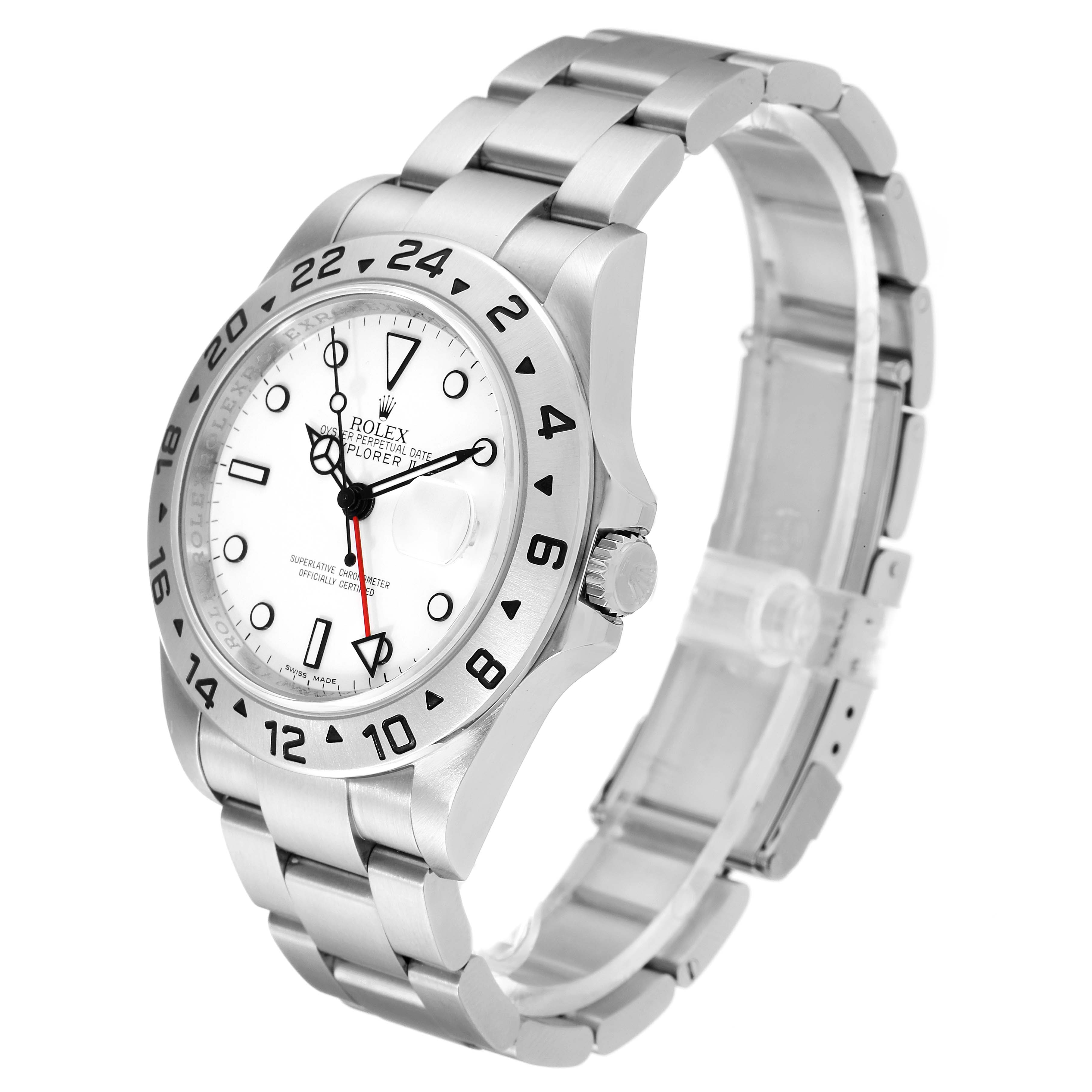 The image shows a Rolex Explorer 16570 Men's Stainless Steel White Dial 16570 Men's Stainless Steel White Dial watch at an angled side view, displaying the dial, bezel, case, and bracelet.