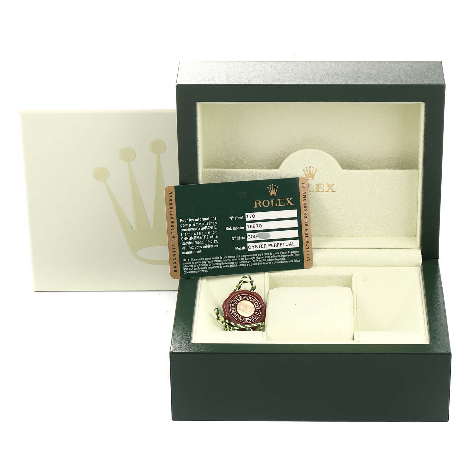 This image shows a Rolex Explorer 16570 Men's Stainless Steel White Dial 16570 Men's Stainless Steel White Dial watch box, warranty card, and a tag, viewed from the front angle.