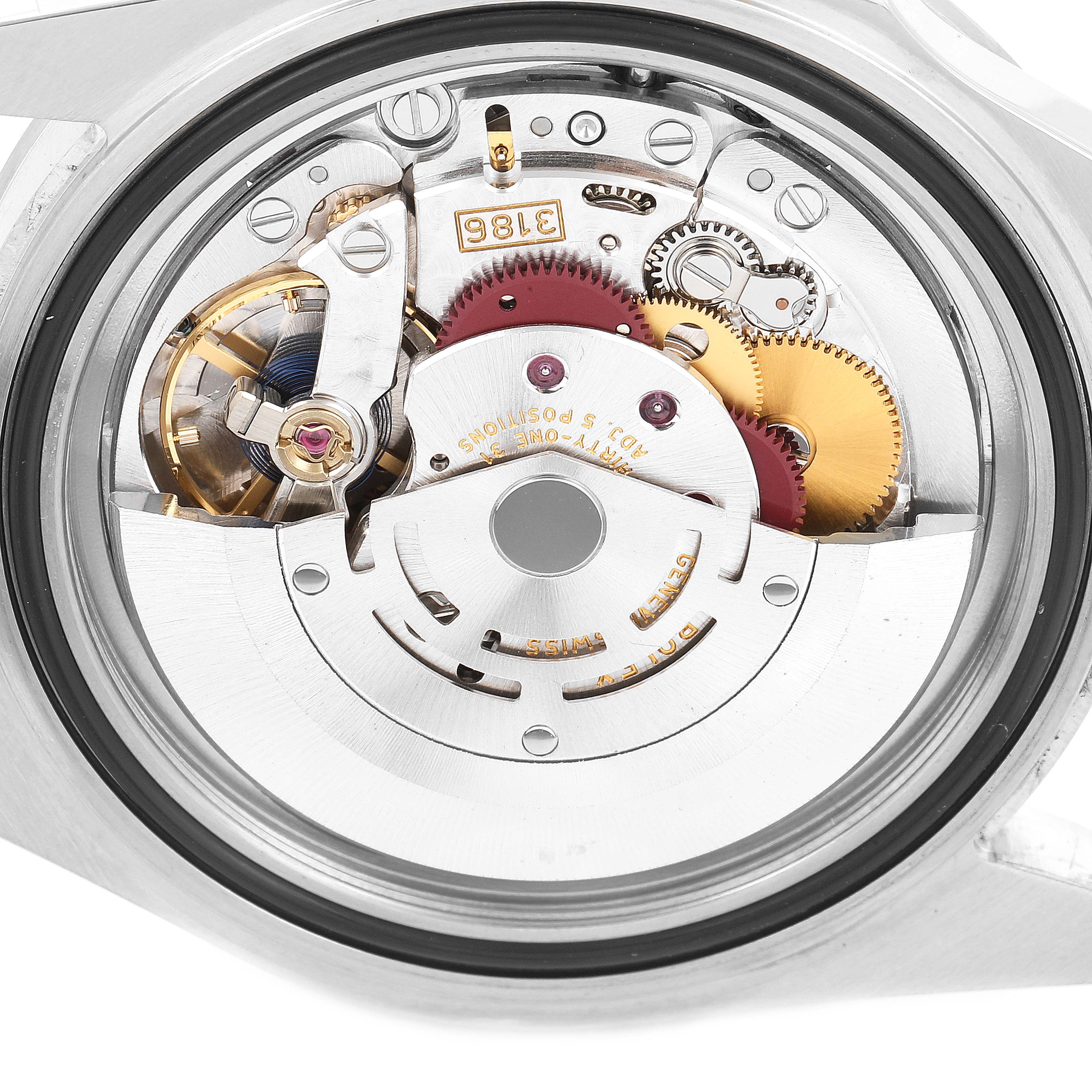 This image shows the intricate internal mechanics of a Rolex Explorer 16570 Men's Stainless Steel White Dial 16570 Men's Stainless Steel White Dial watch from a rear view angle.