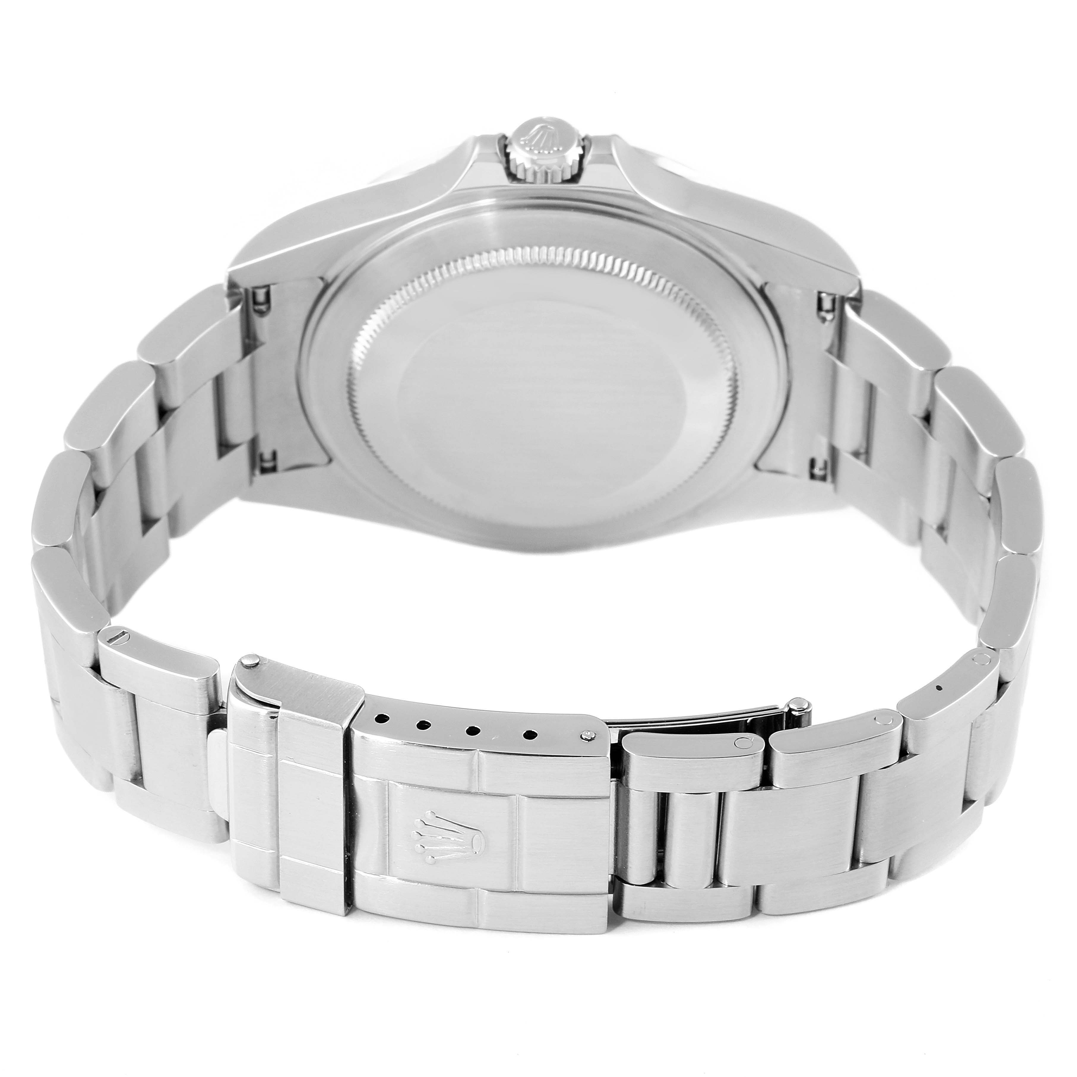 The image shows the back view of the Rolex Explorer 16570 Men's Stainless Steel White Dial 16570 Men's Stainless Steel White Dial model watch, highlighting the case back and stainless steel bracelet with the clasp.