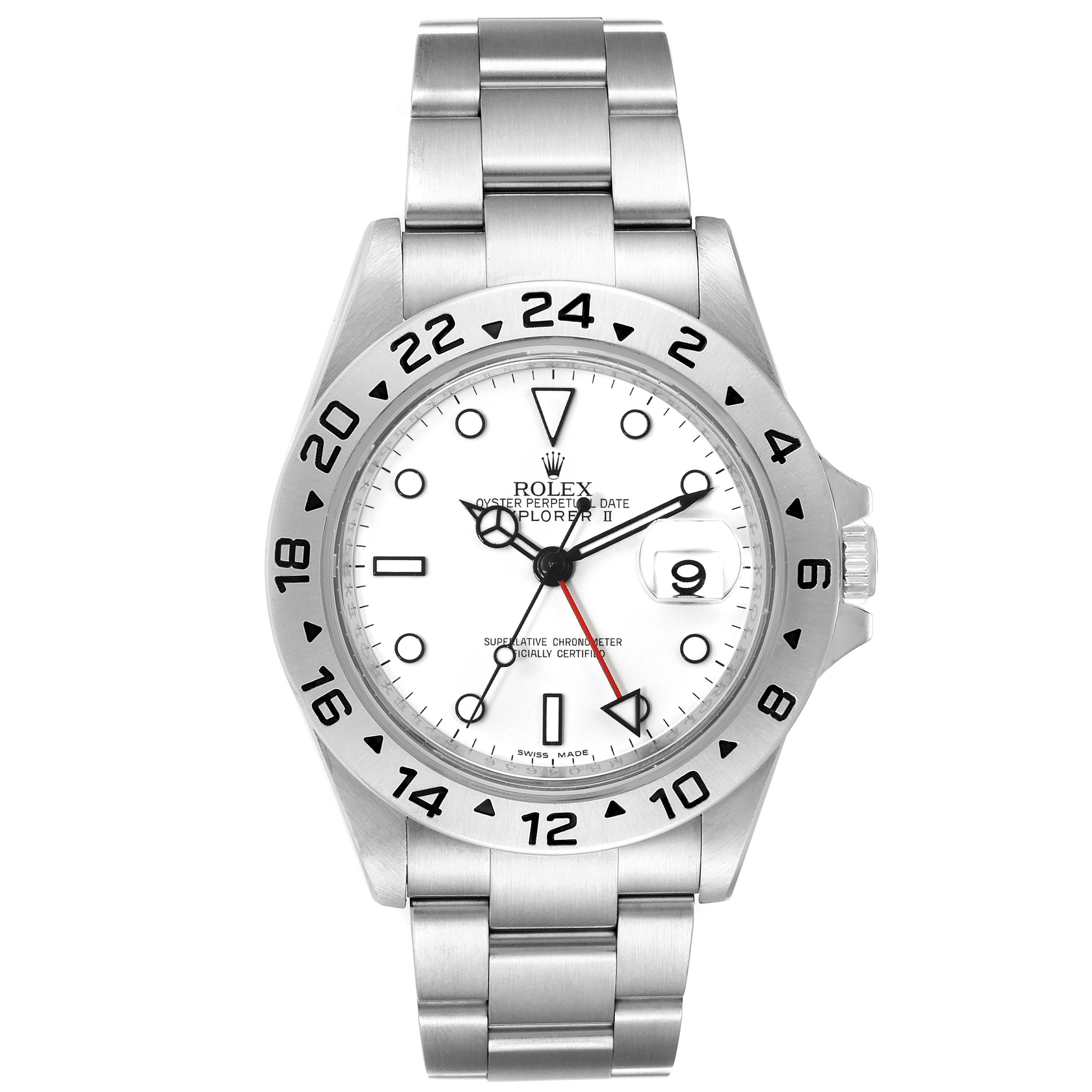 This image shows a front view of the Rolex Explorer 16570 Men's Stainless Steel White Dial 16570 Men's Stainless Steel White Dial watch, including the face, bezel, and bracelet.