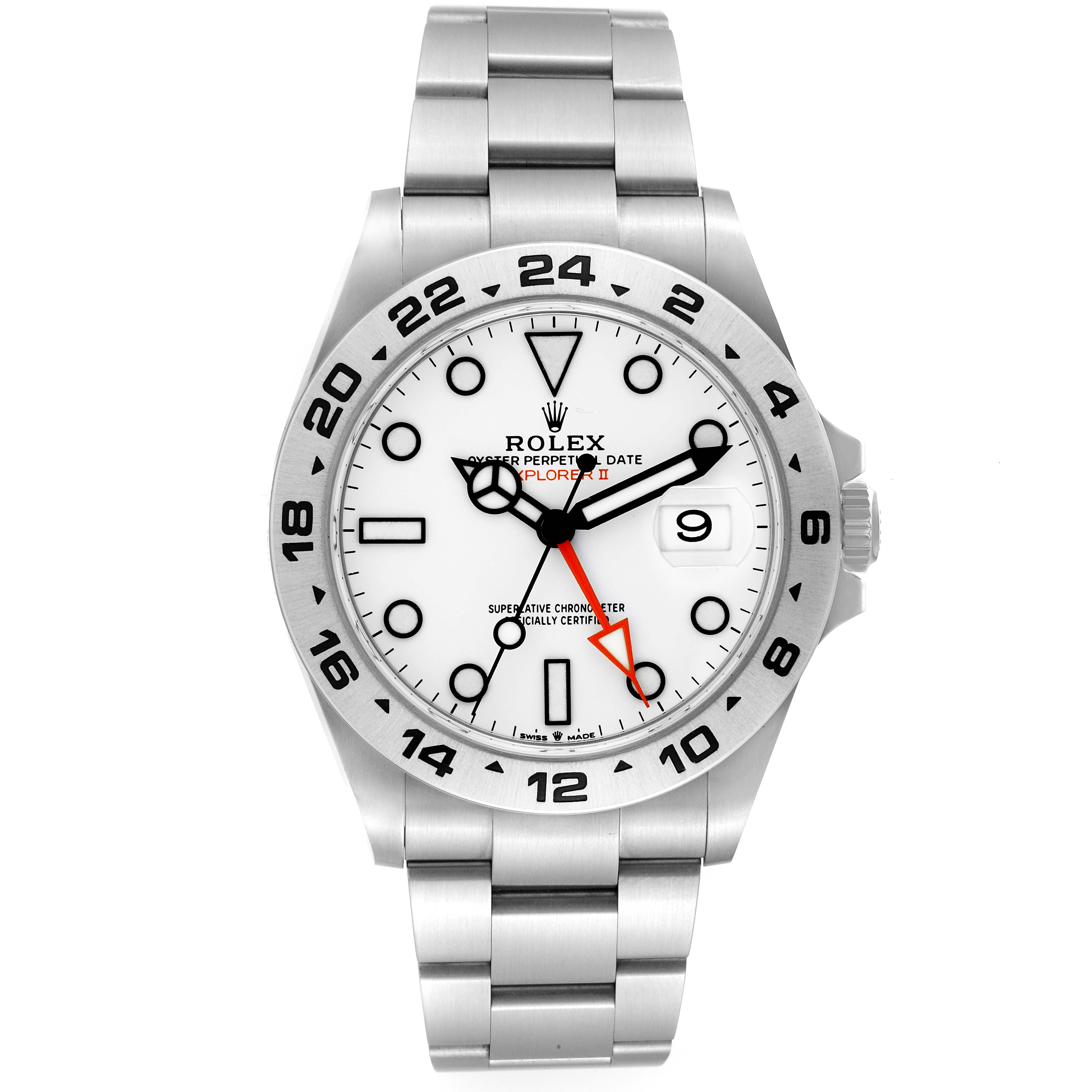 This image shows the front view of a Rolex Explorer 226570 Men's Stainless Steel White Dial 226570 Men's Stainless Steel White Dial watch, highlighting its dial, hands, bezel, and bracelet.