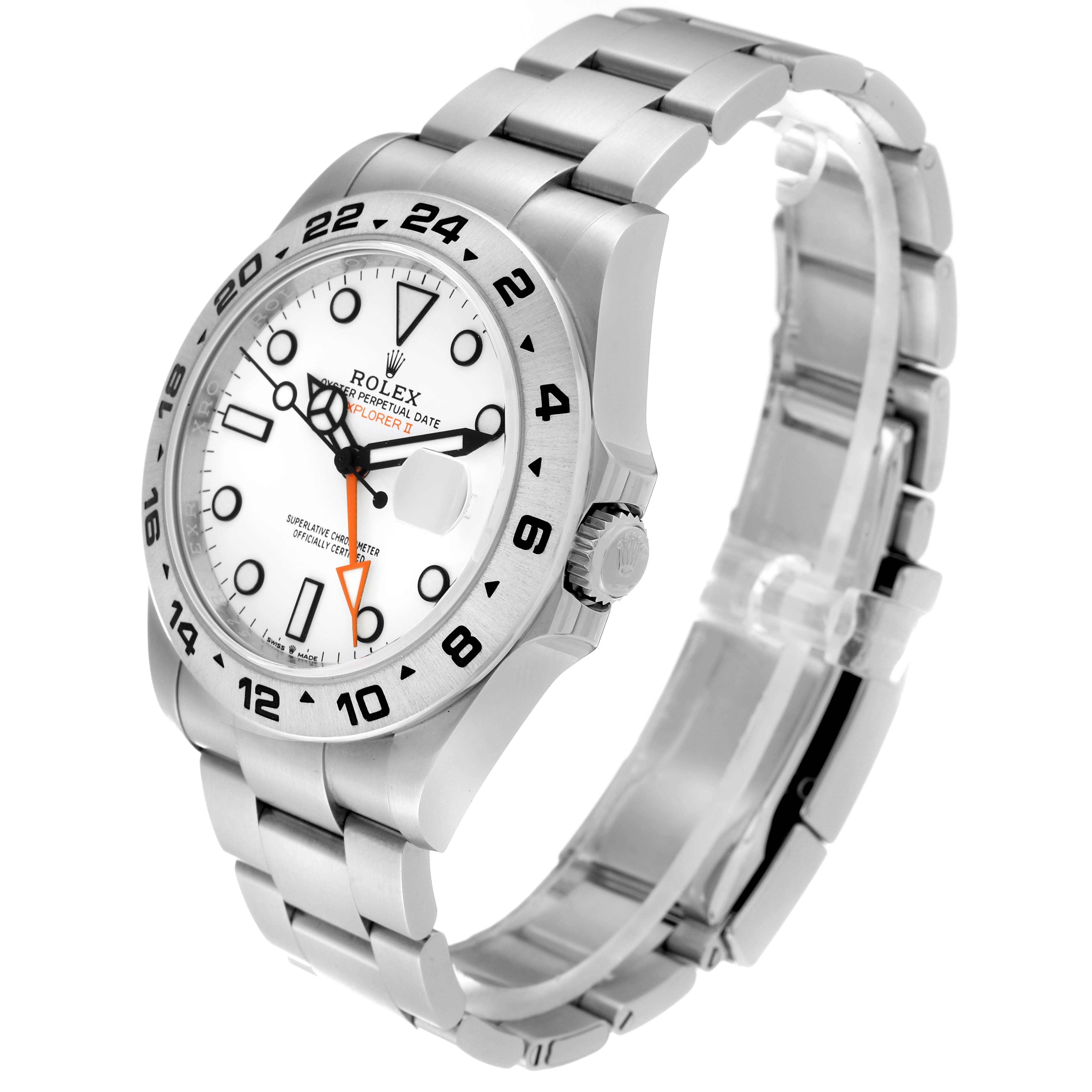 This image shows a front angle view of a Rolex Explorer 226570 Men's Stainless Steel White Dial 226570 Men's Stainless Steel White Dial watch, highlighting its dial, bezel, case, and bracelet.
