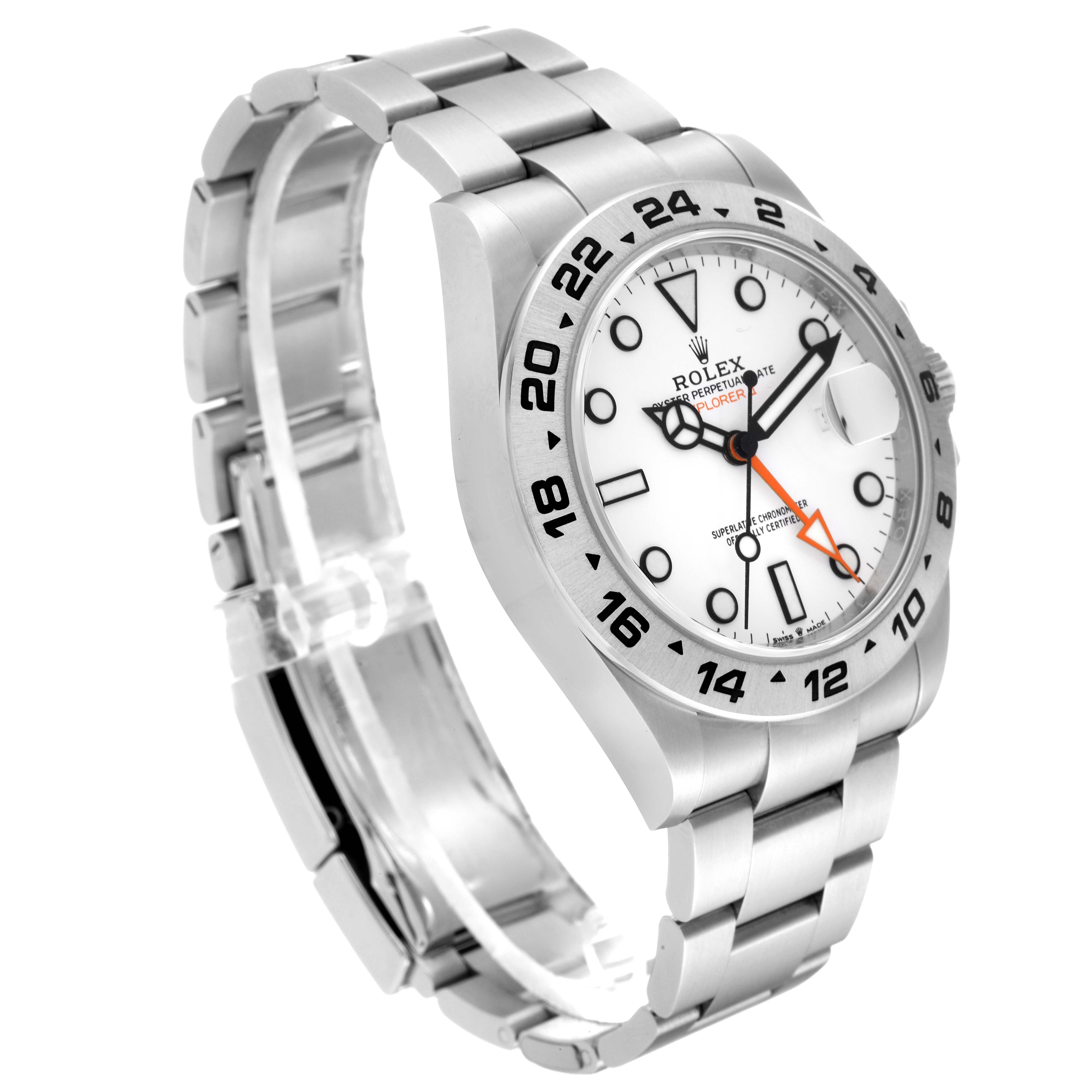 The image shows a Rolex Explorer 226570 Men's Stainless Steel White Dial 226570 Men's Stainless Steel White Dial model watch at a tilted angle, highlighting the dial, bezel, and part of the bracelet.
