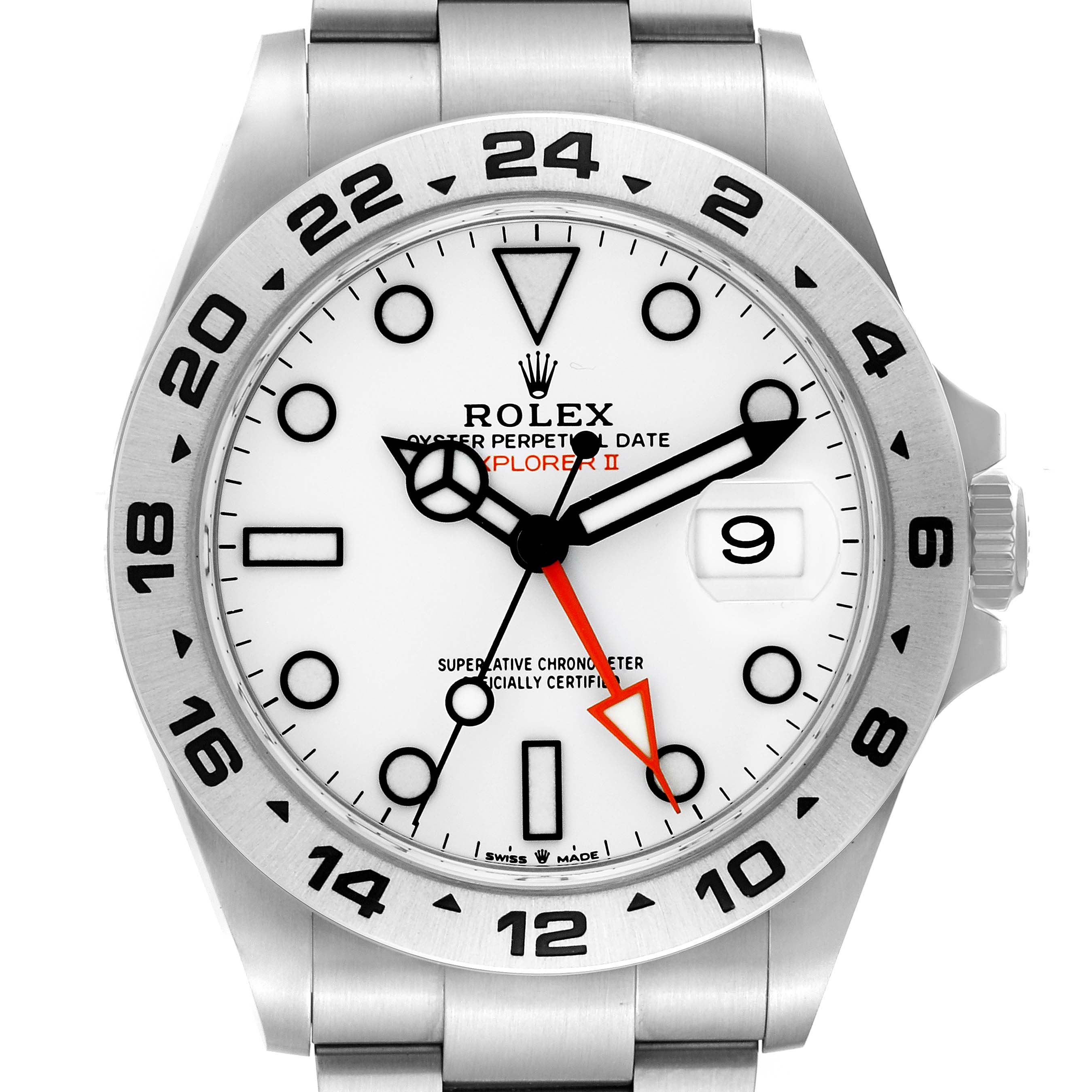 The image shows a front view of a Rolex Explorer 226570 Men's Stainless Steel White Dial 226570 Men's Stainless Steel White Dial watch, displaying its dial, hands, date window, and part of the bracelet.