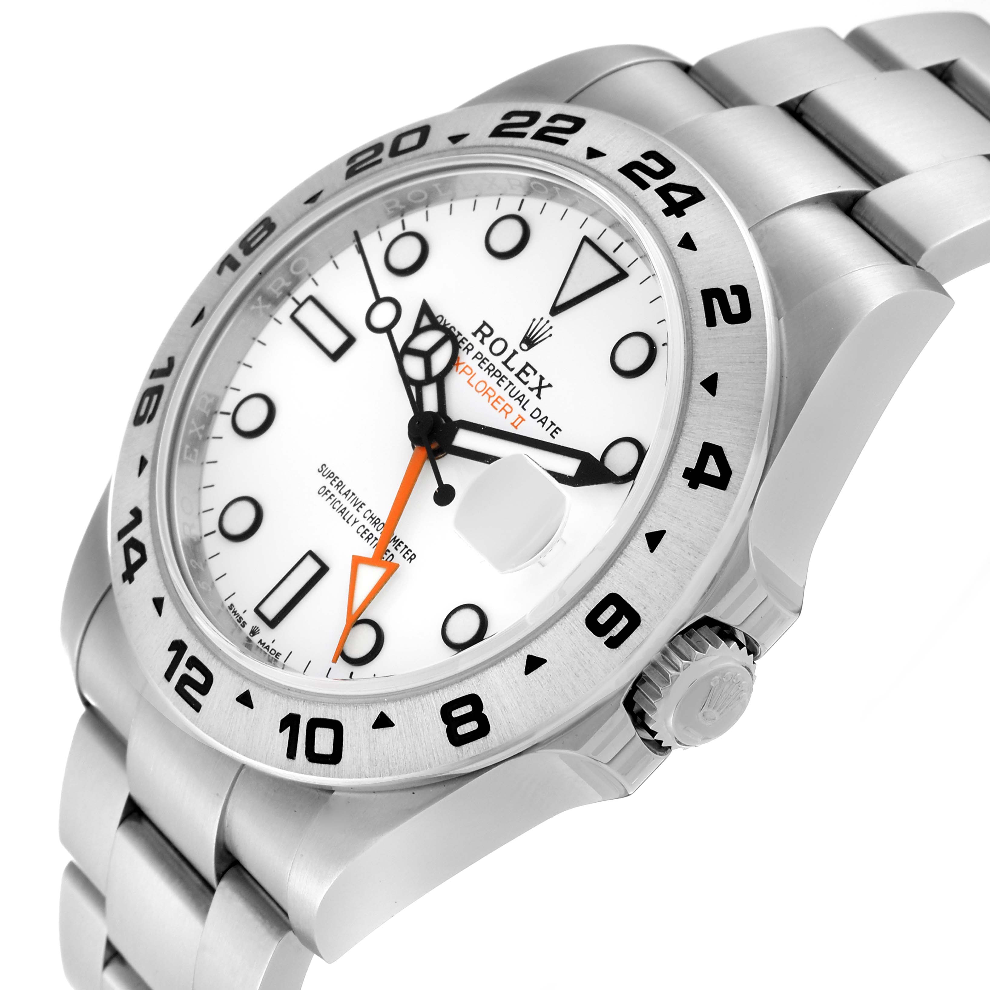 The image shows a Rolex Explorer 226570 Men's Stainless Steel White Dial 226570 Men's Stainless Steel White Dial watch from an angled top view, displaying the dial, bezel, crown, and bracelet.