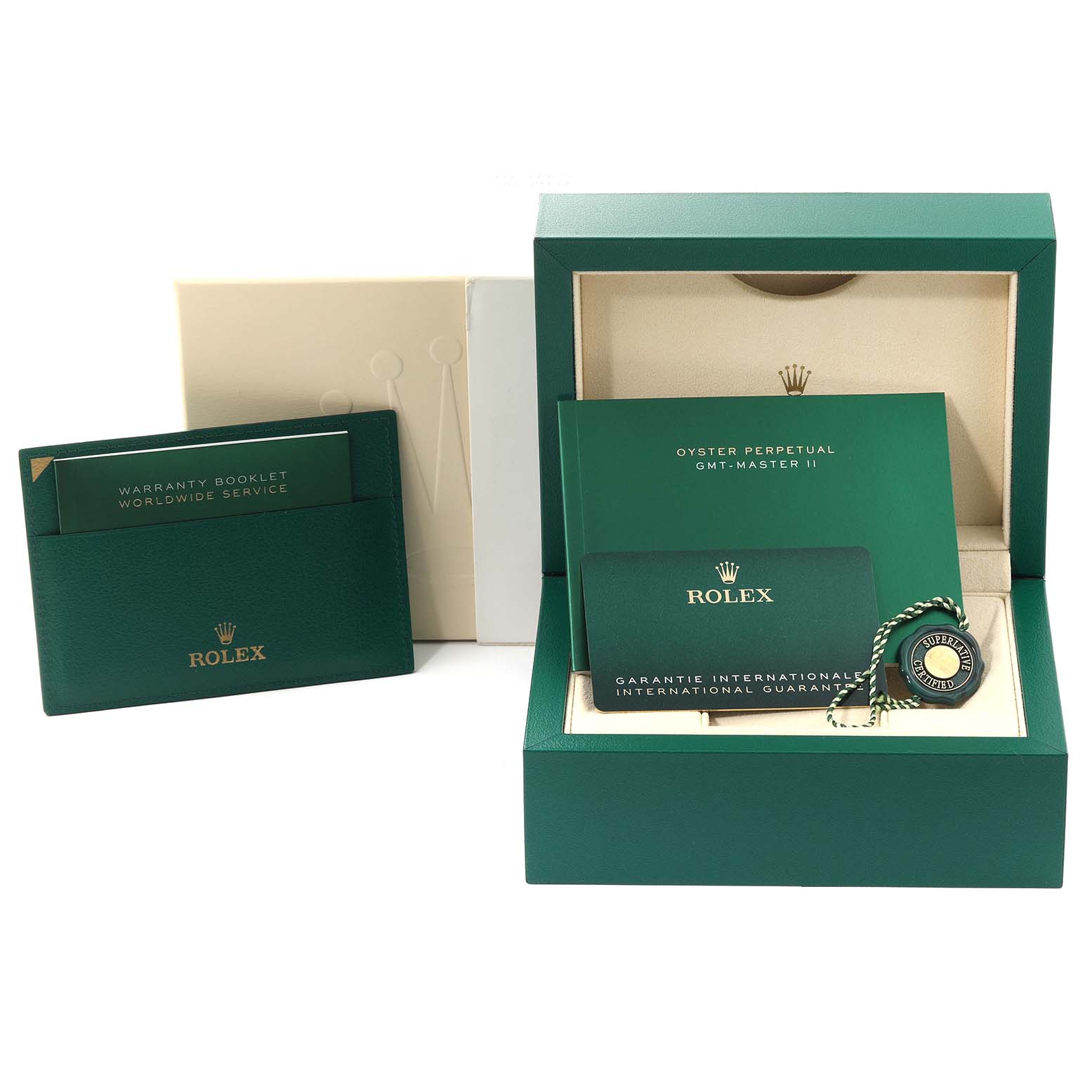 This image shows the packaging and accessories for the Rolex Explorer 226570 Men's Stainless Steel White Dial 226570 Men's Stainless Steel White Dial watch, including warranty booklets, a box, and tags.
