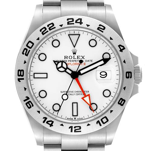 This image shows a front view of the Rolex Explorer II watch, displaying the dial, hour markers, hands, bezel, and part of the bracelet.