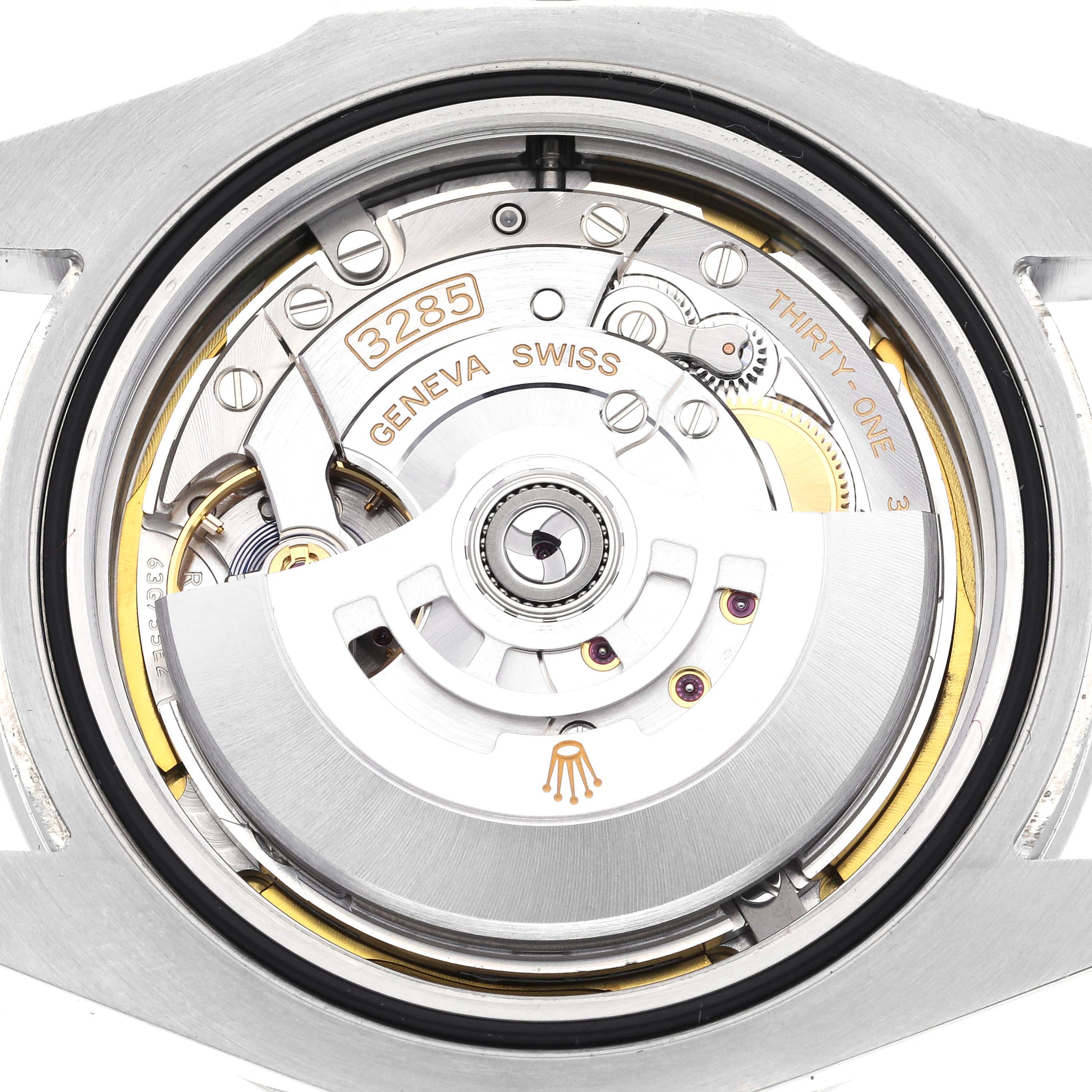 This image shows the intricate movement mechanism of a Rolex Explorer 226570 Men's Stainless Steel White Dial 226570 Men's Stainless Steel White Dial watch, model 3285, viewed from the back.