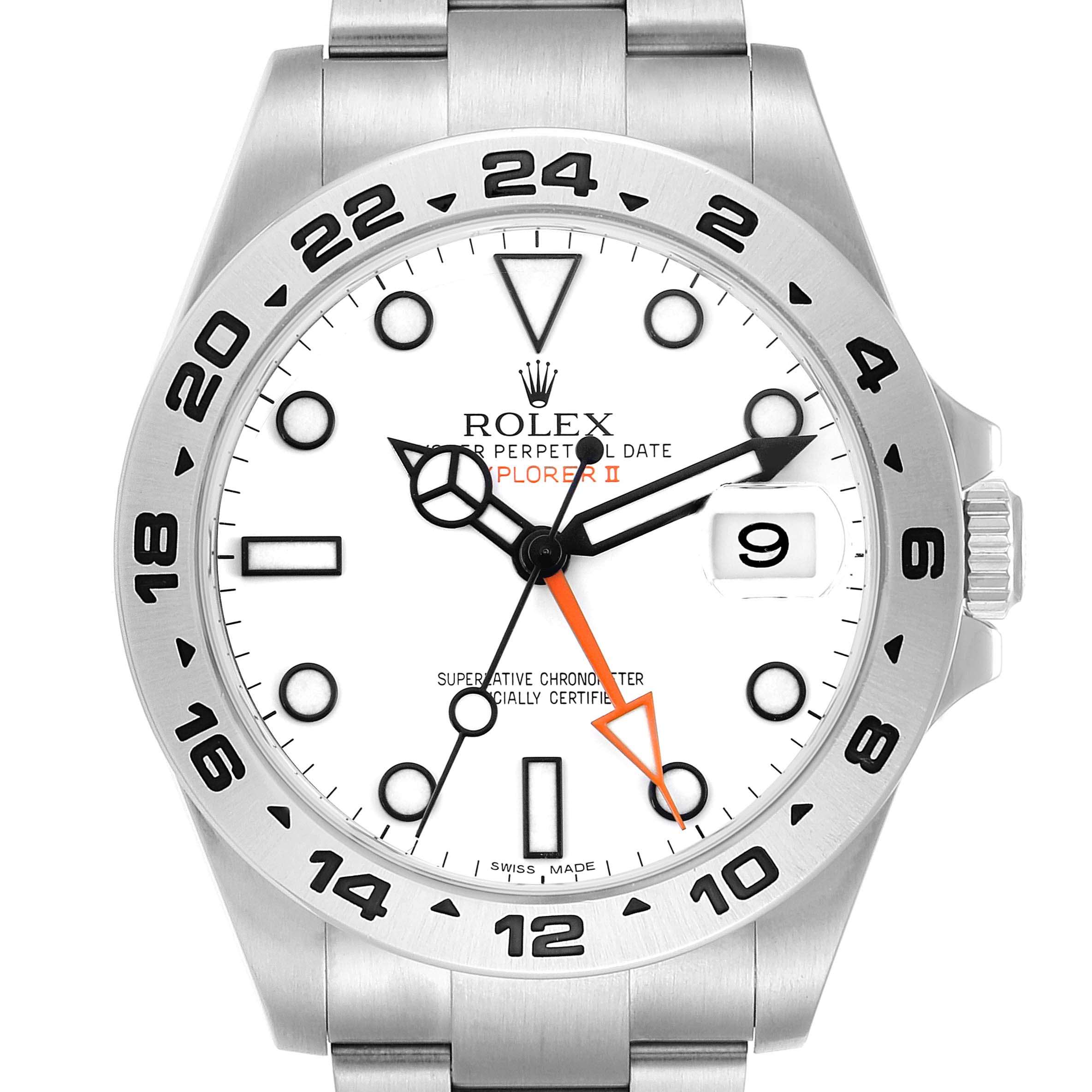 The Rolex Explorer II model 216570 is shown from a front angle, highlighting the white dial, hour markers, and stainless steel bracelet.