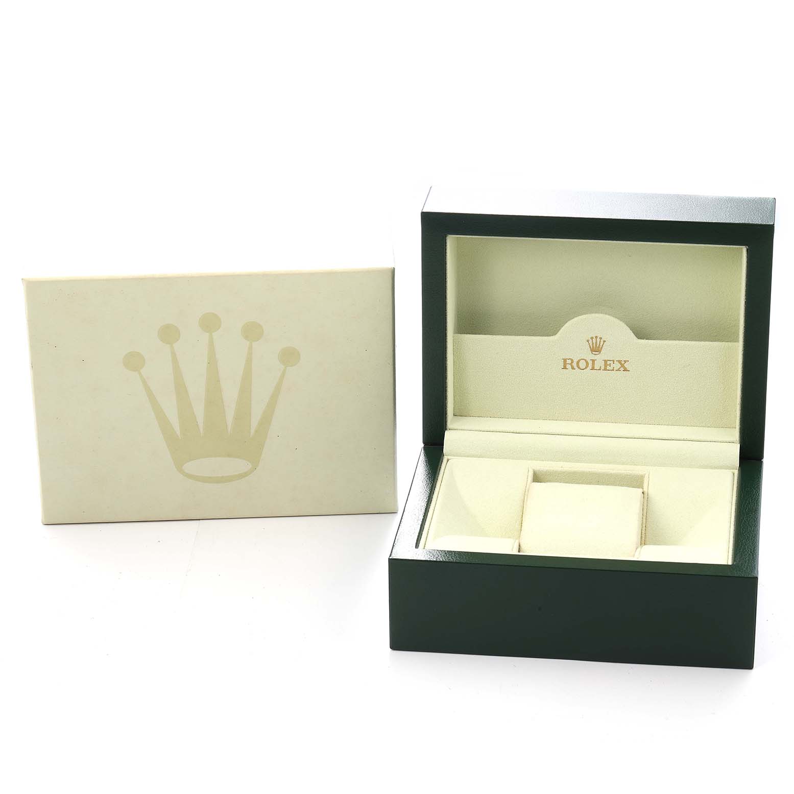 The image shows a Rolex watch box and outer packaging for the Explorer model, model number 216570, with the box lid open displaying its inner compartments.