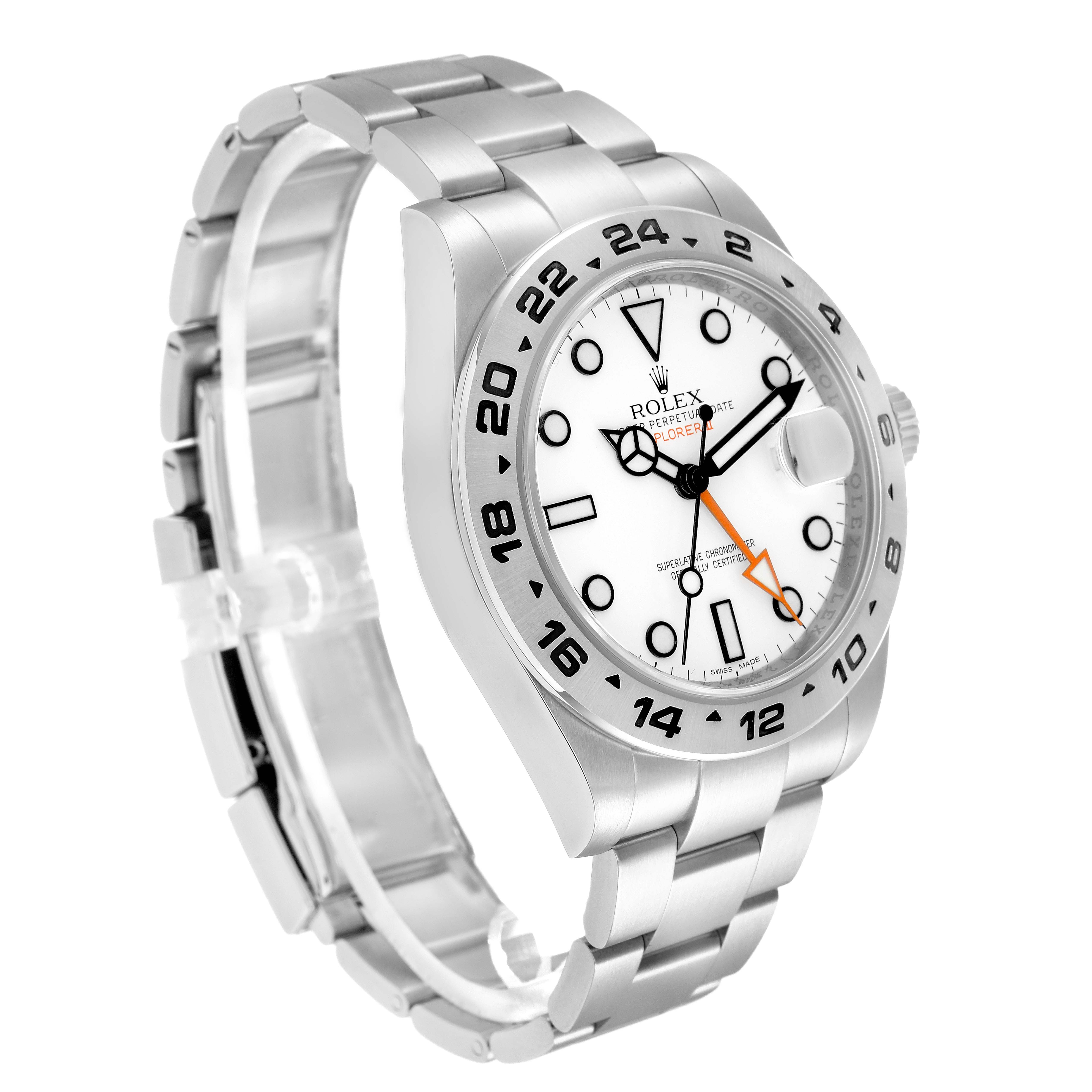 The Rolex Explorer model 216570 is shown at a three-quarter angle, displaying the dial, bezel, bracelet, and side profile.