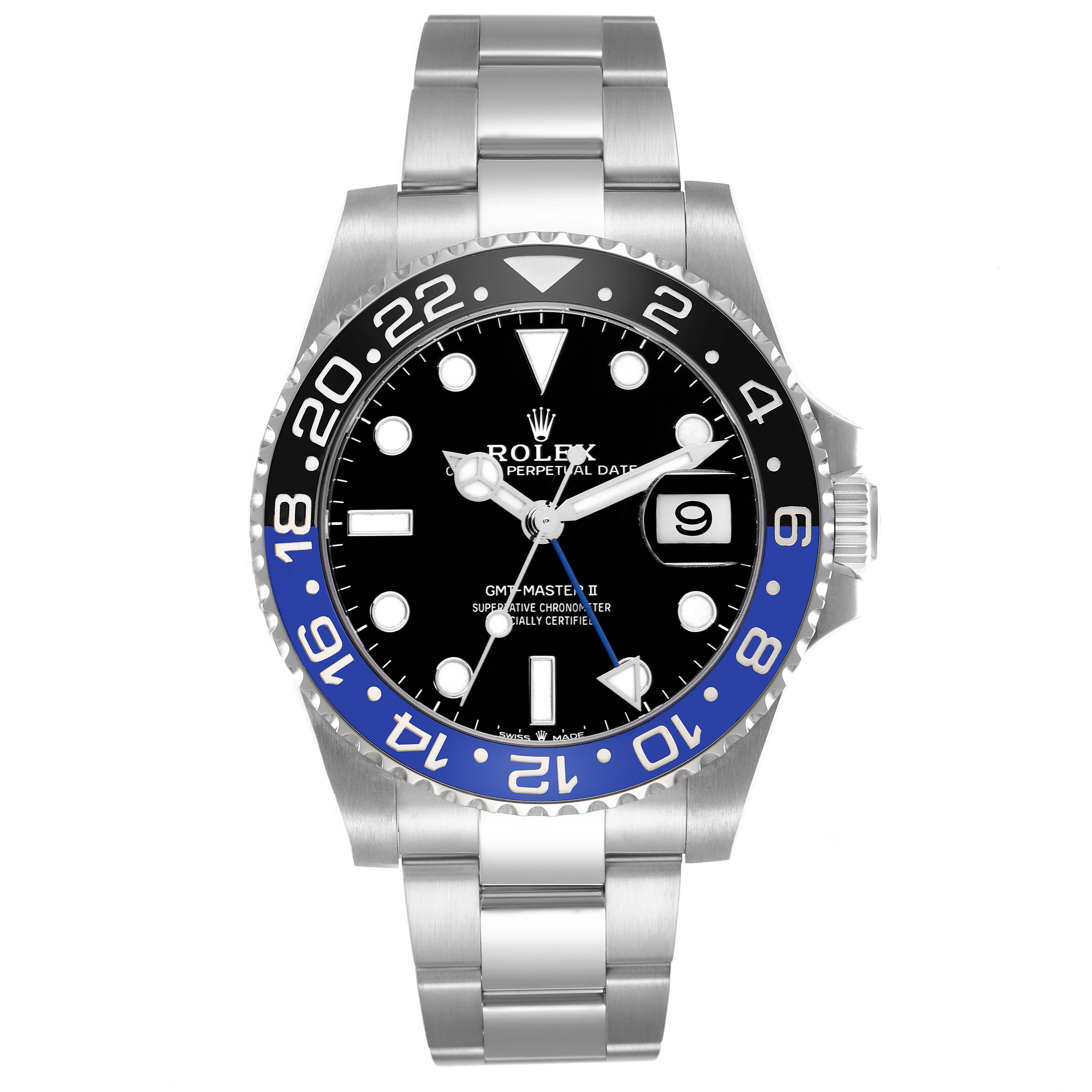 The image shows a front view of the Rolex GMT-Master II, model number 126710, featuring a black and blue bezel, black dial, and Oyster bracelet.