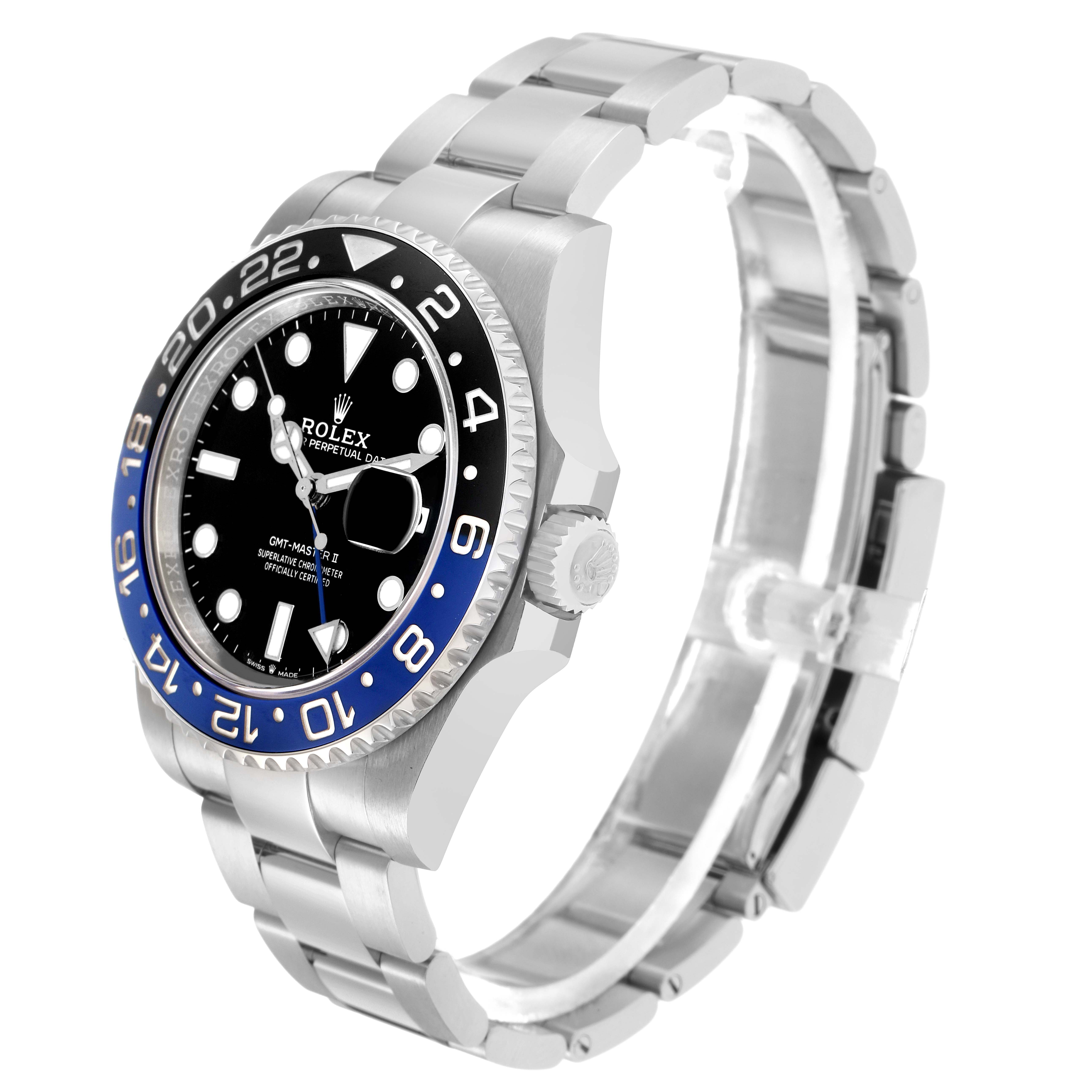 The Rolex GMT-Master model 126710 is shown at a three-quarter angle, highlighting the bezel, dial, bracelet, and crown.