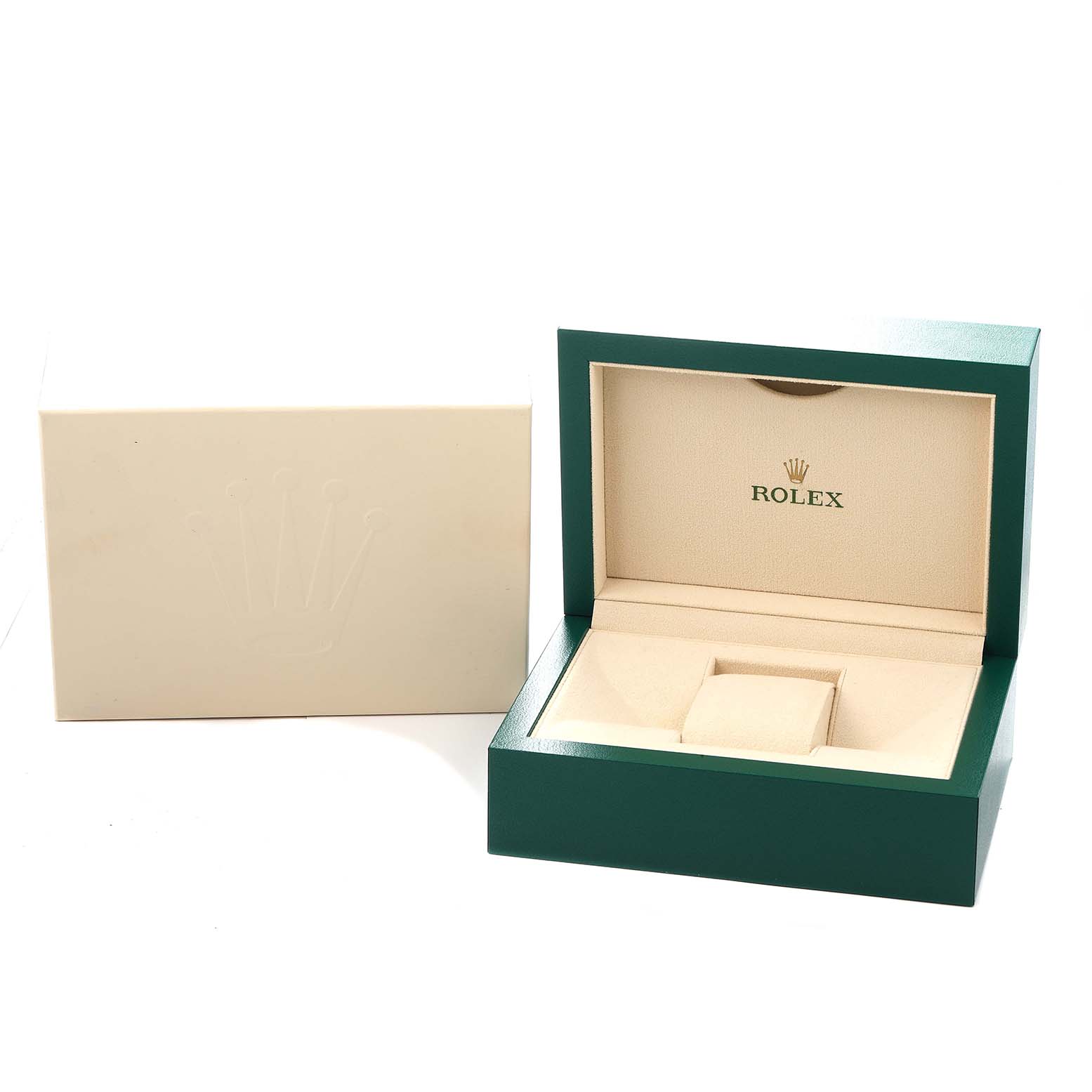 The image shows the open green and beige box for a Rolex GMT-Master model 126710 men
s watch, along with the outer cardboard box.