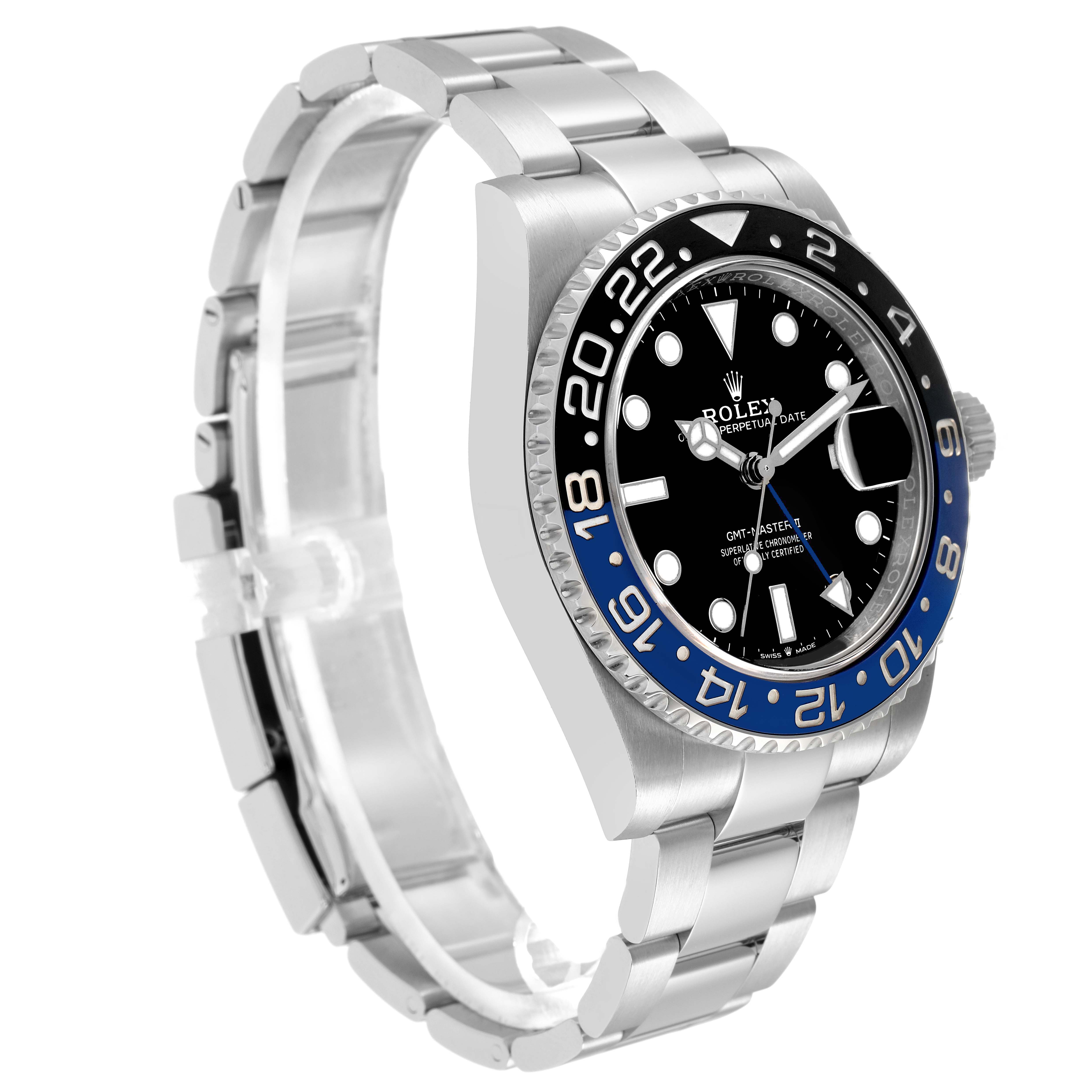 The Rolex GMT-Master model 126710 is shown at an angled side view, highlighting its bezel, dial, crown, and bracelet.